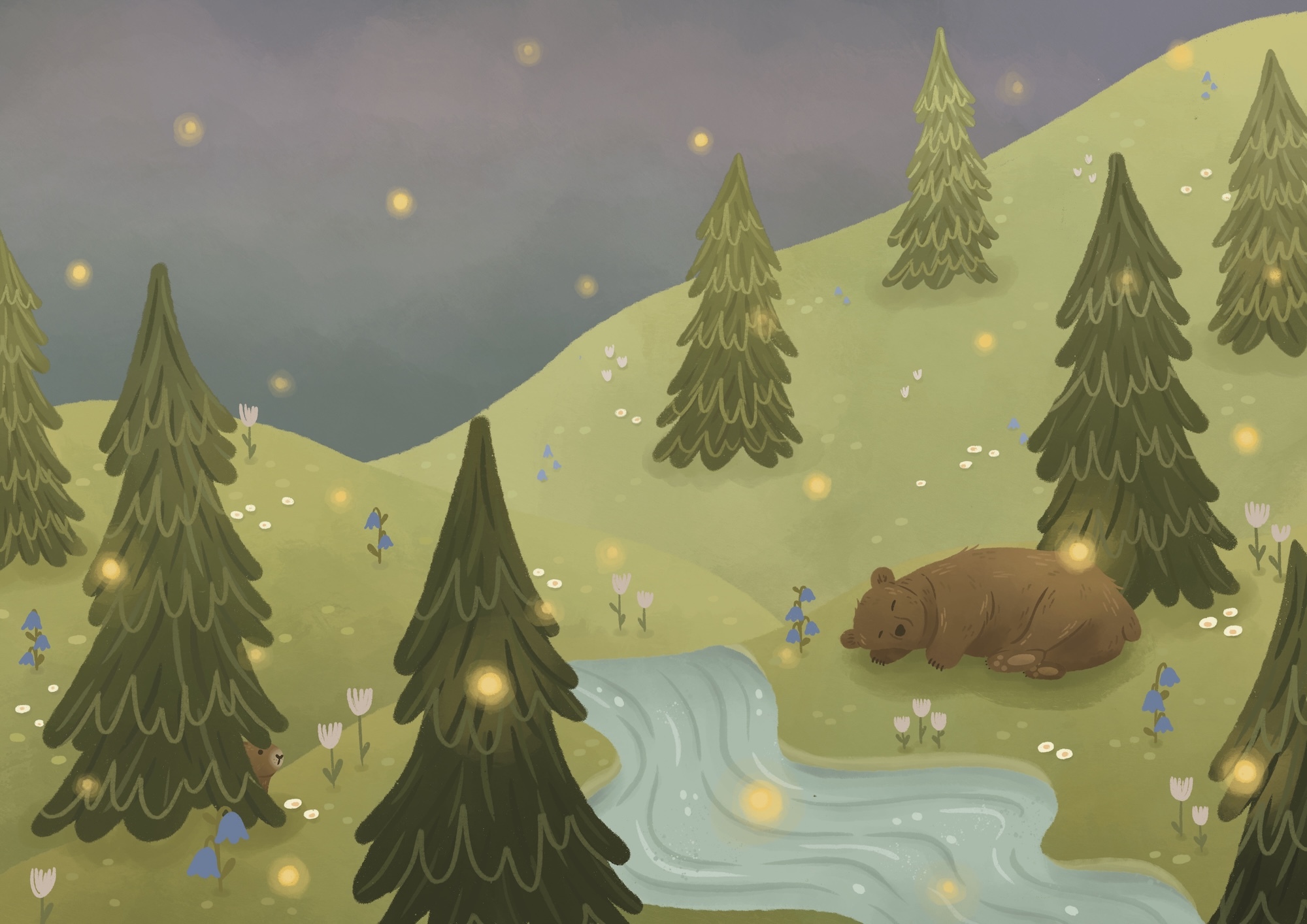 Illustration of green hills with dark evergreen trees, blue stream, brown bear, white flowers, and yellow glowing lights scattered throughout against purple-grey sky.