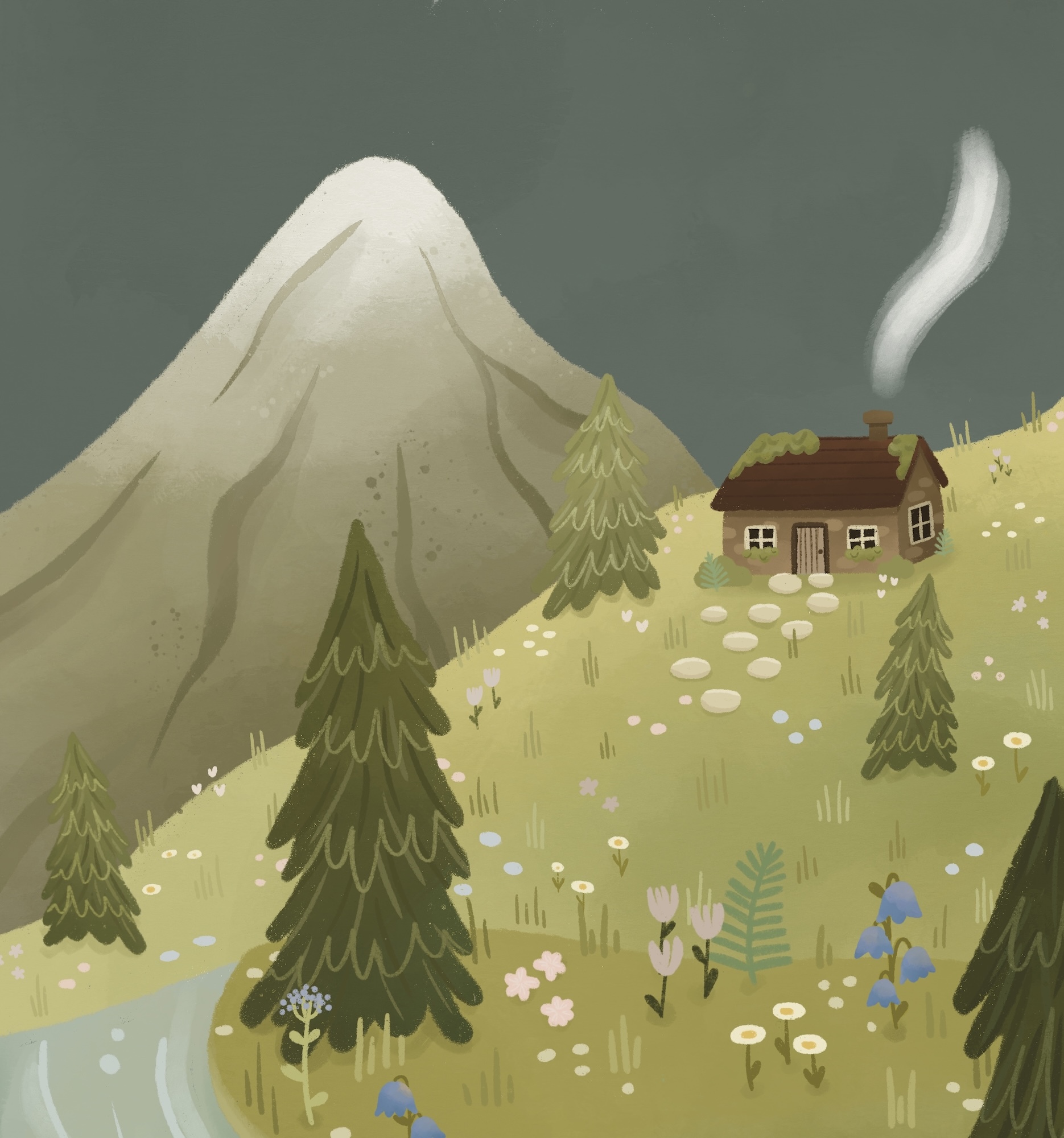 Illustration of grey mountain peak, green hillside with white and coloured flowers, dark green evergreen trees, and brown cottage with yellow roof against olive-green sky.