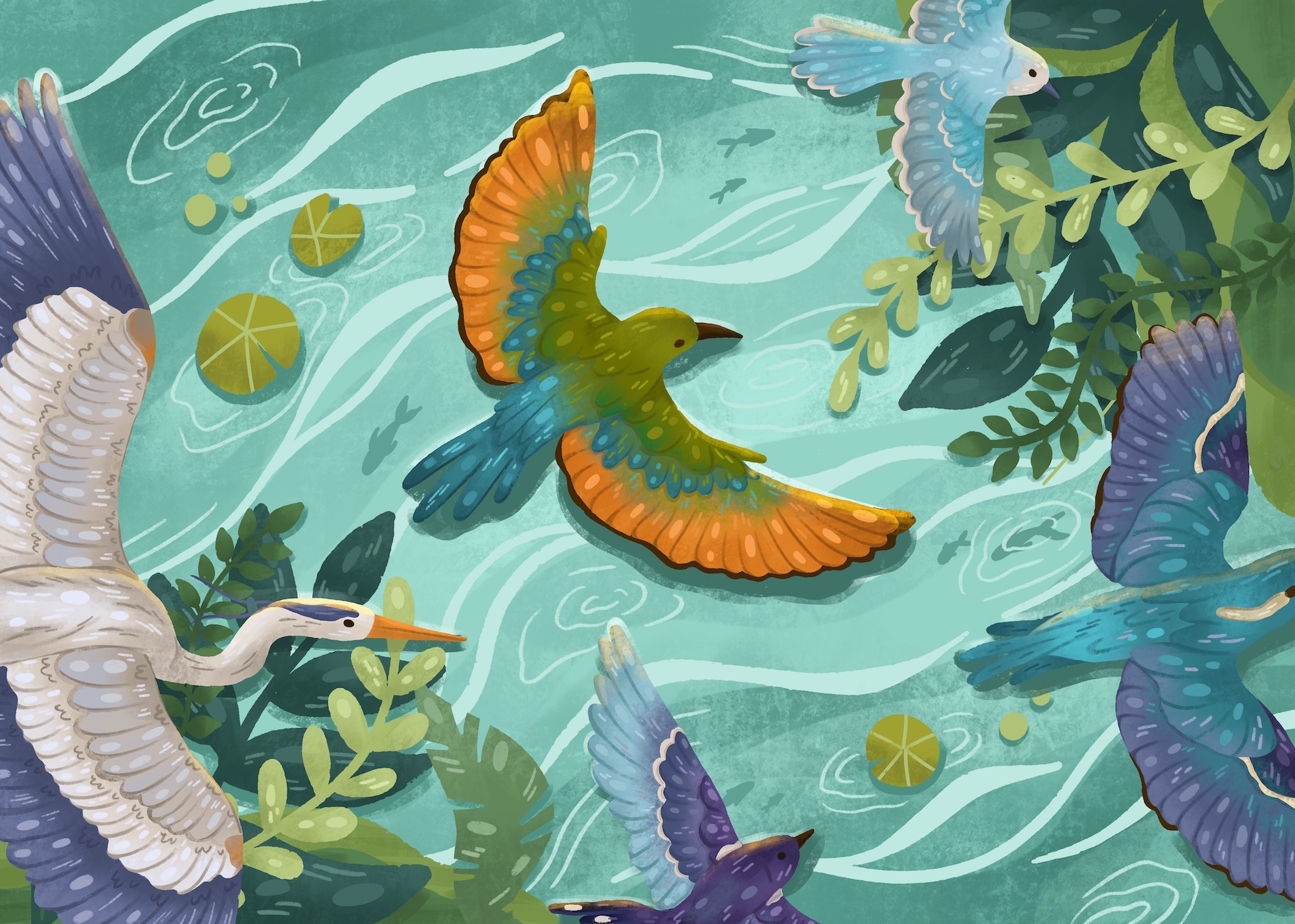 Illustration of birds with spread wings in orange, blue, purple, and grey colours flying above turquoise water with green foliage.