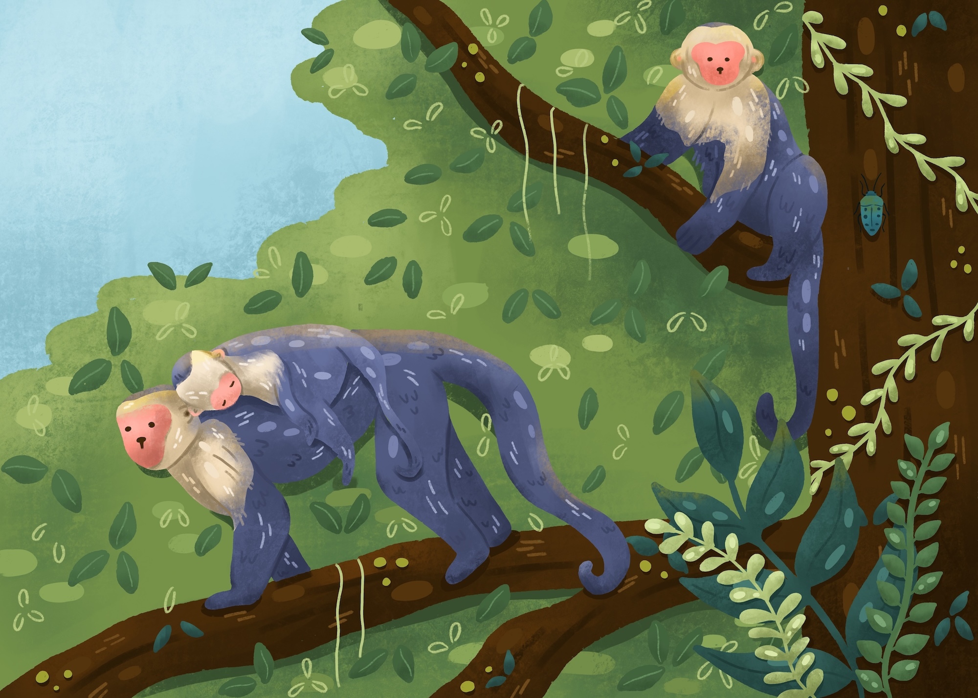 Digital illustration of two blue-clothed figures on brown tree branches amongst green foliage with light blue sky background.