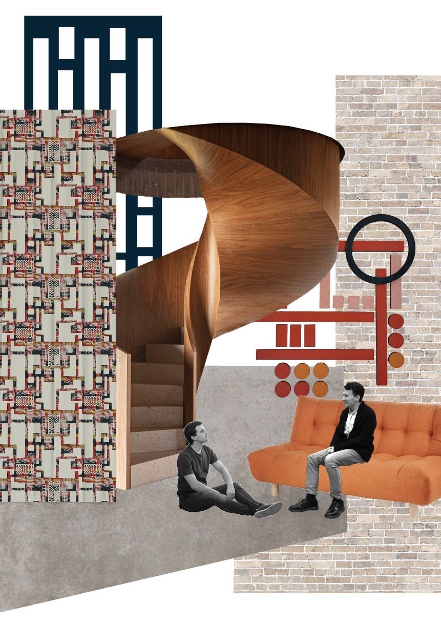 Interior design collage featuring wooden spiral staircase, orange furniture, geometric patterns, brick walls, and two seated figures.