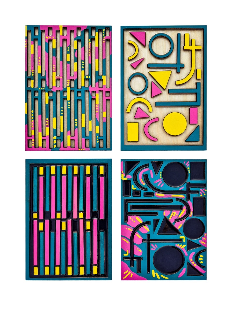 Four geometric compositions: vertical multicoloured strips; yellow, pink and blue shapes on cream; parallel vertical stripes with colour blocks; overlapping circles and angular forms in bright colours.