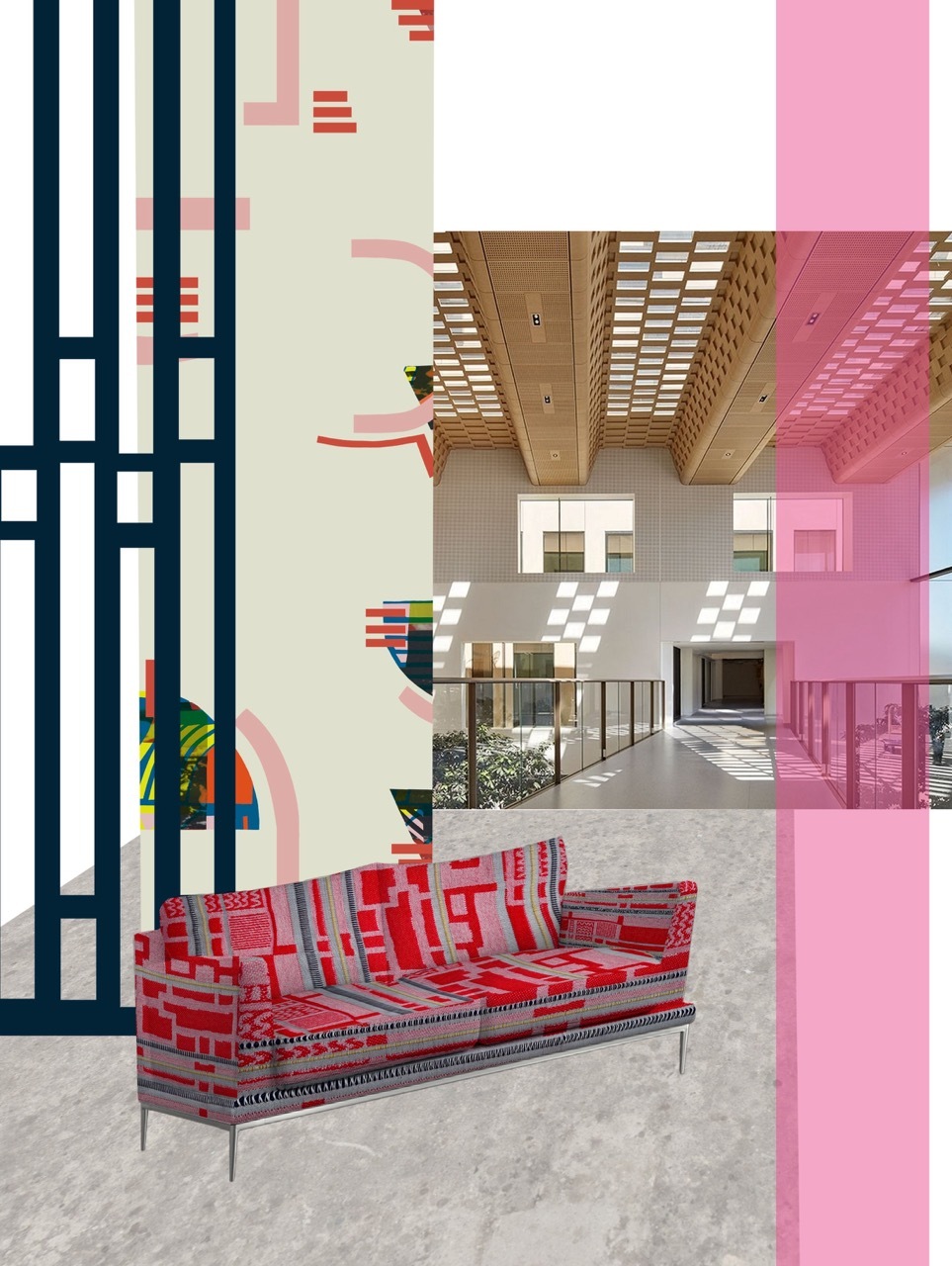 Architectural collage with pink geometric overlay, dark blue vertical stripes, red patterned sofa, wooden ceiling beams, and grey interior space.