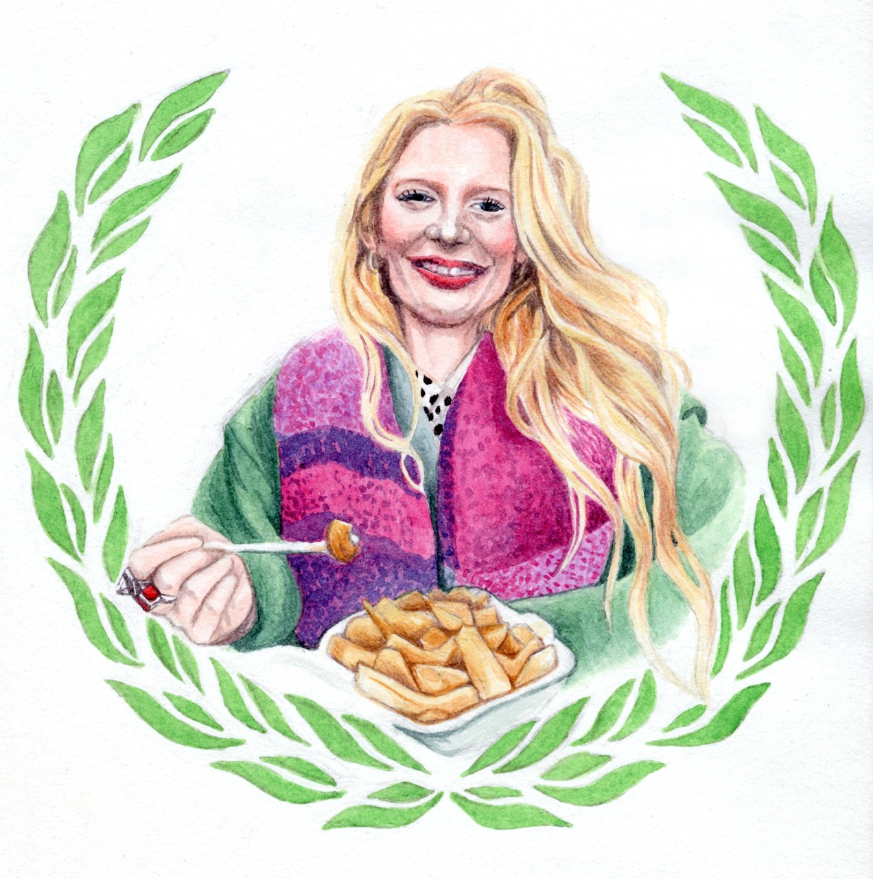 A hand-drawn portrait of a blonde woman holding a fork over a plate of chips, framed by a green laurel wreath on a white background.