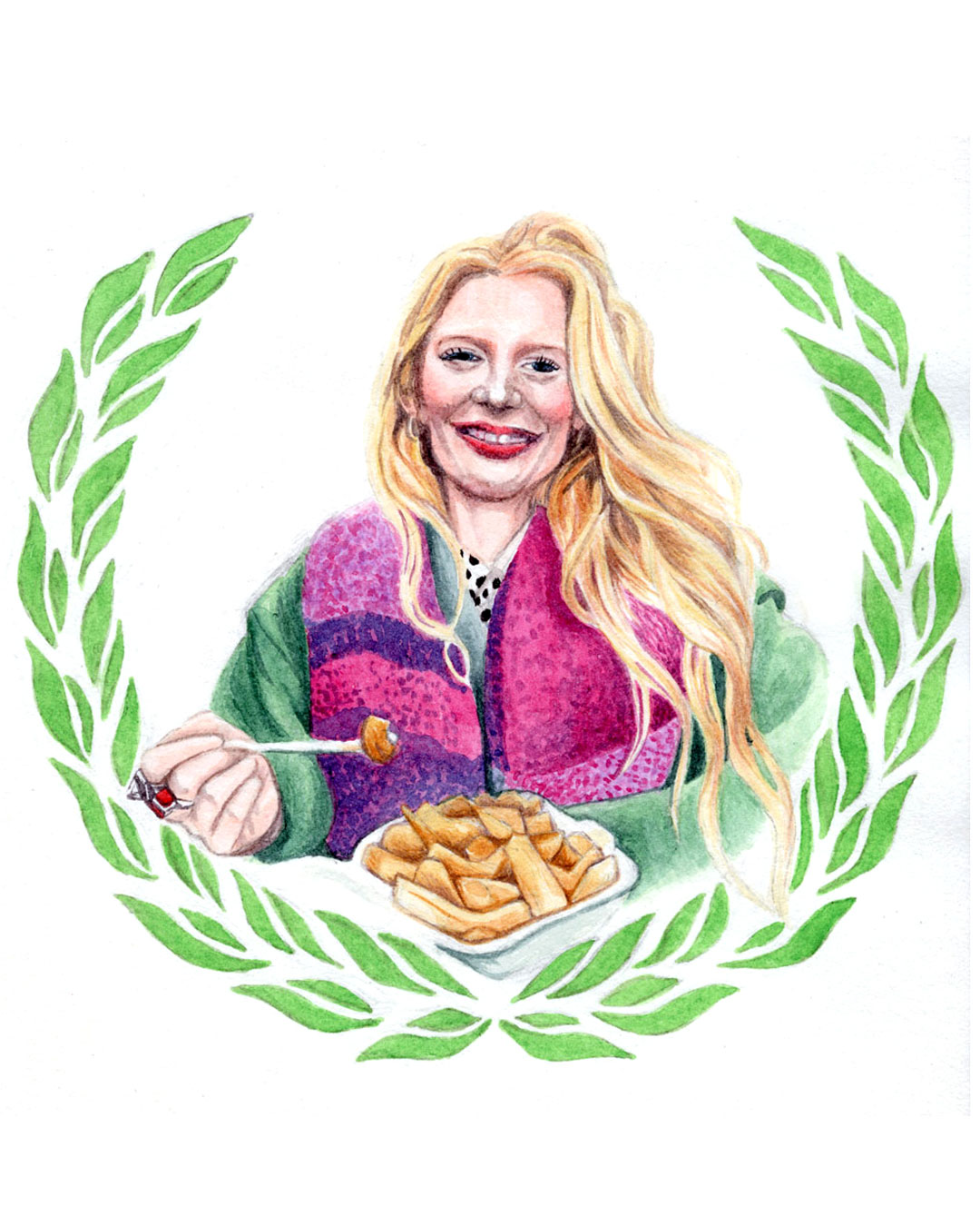 A painted portrait of a blonde woman holding a fork over a bowl of pasta, framed by a green leafy wreath on a white background.