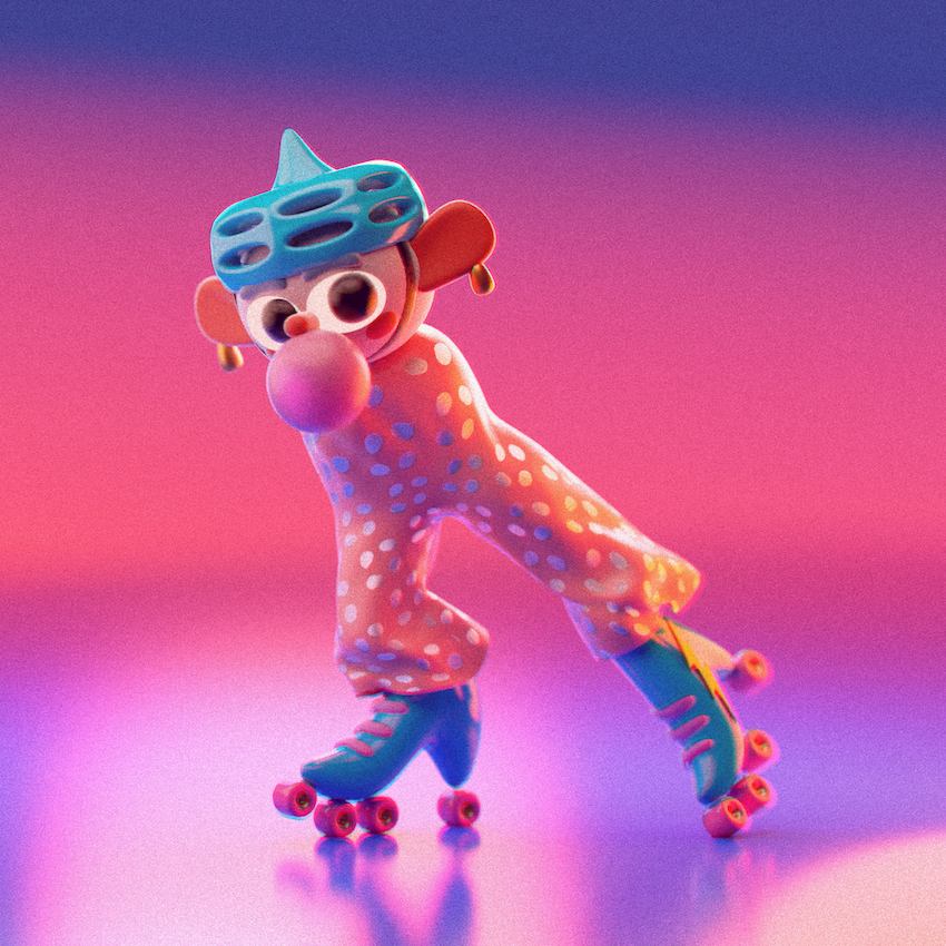 3D render of an armless character on roller skates in funky orange polka-dot trousers, pink-purple blurred background.