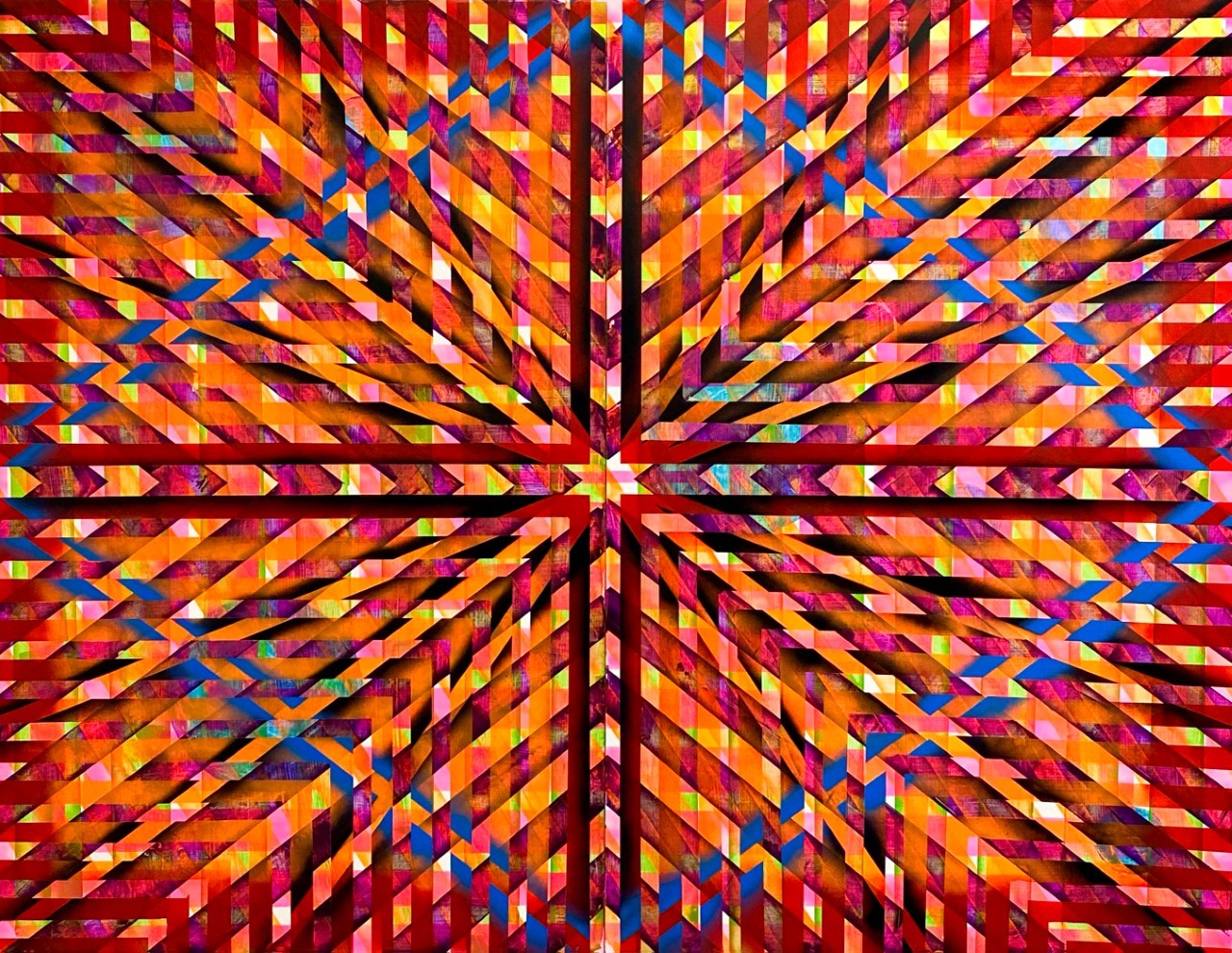 Abstract geometric painting, coloured shapes forming crosses, borders and a diamond.