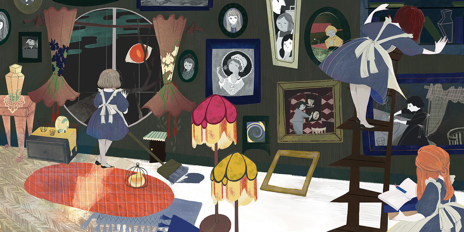 Long illustrated scene of housemaid girls sorting through a busy room with quirky photo frames and decor.