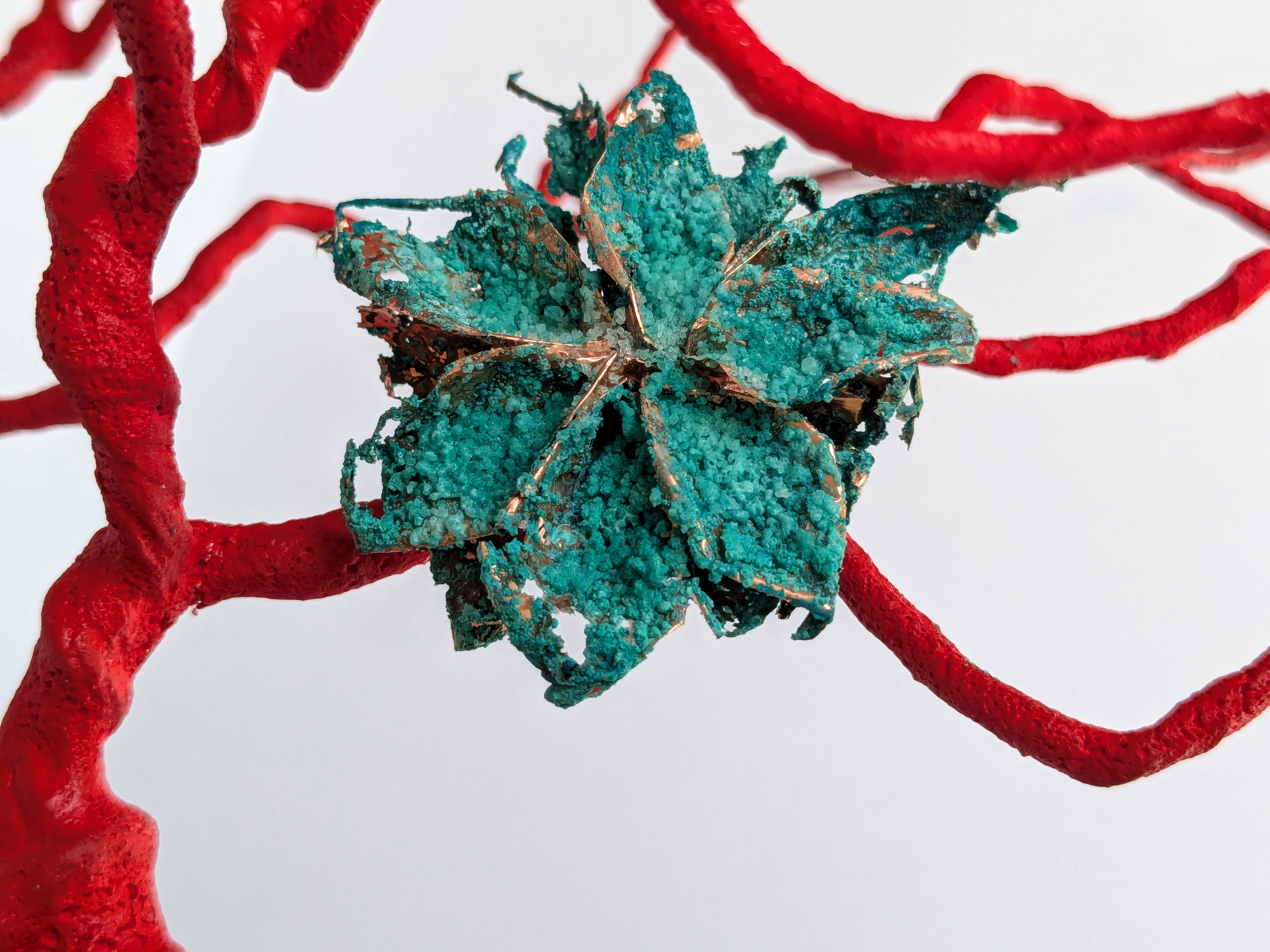 Green crystalline model with copper wire wrapped around it and red, twisted branches against white background.