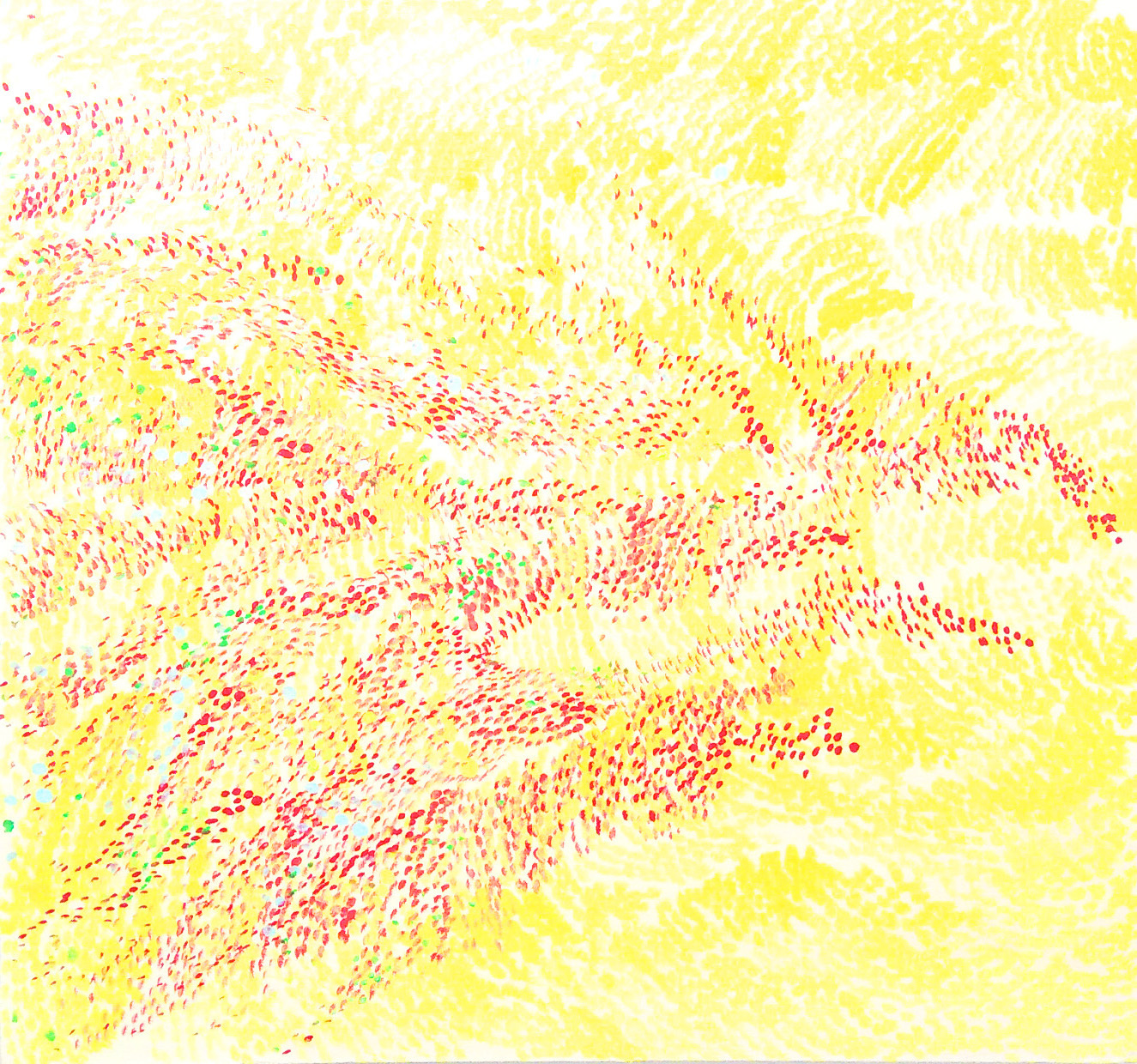 Abstract artwork - primarily yellow with scattered series of red dots.
