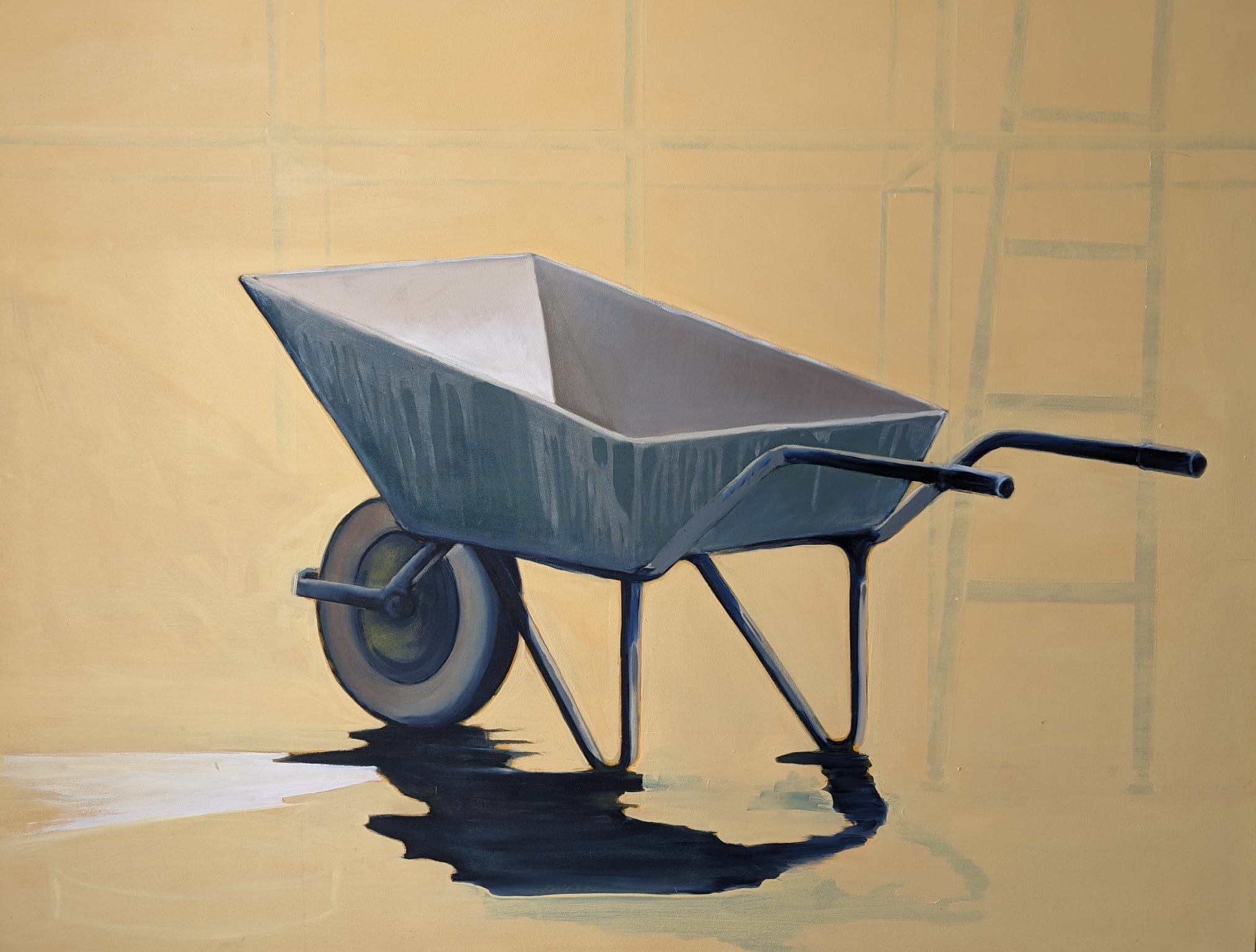 Painting of an empty wheelbarrow with a wall and a ladder in the background.