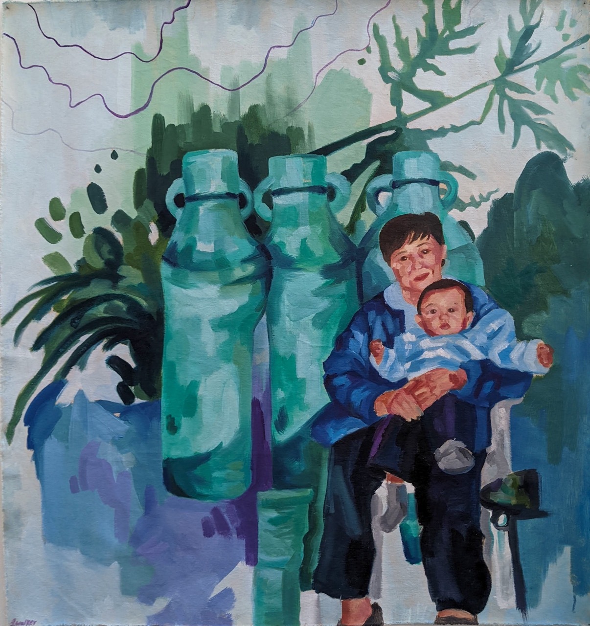 Abstract green painting, boy and baby with bottles and foliage.
