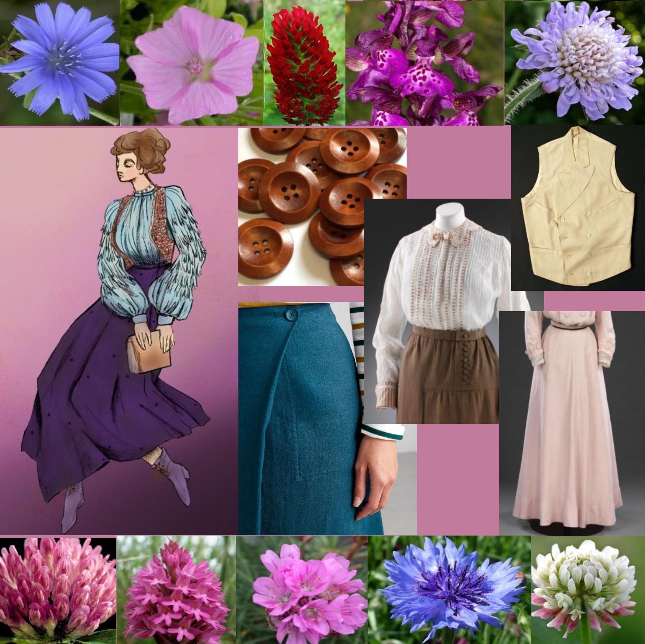 Collage of image showing different flowers that inspired a costume design