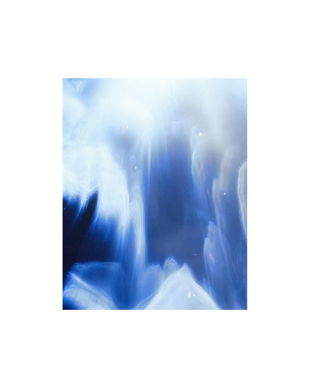 Abstract photographic artwork with flowing blue and white strokes of space radiation, darker navy shapes at bottom transitioning to light blue and white at top.