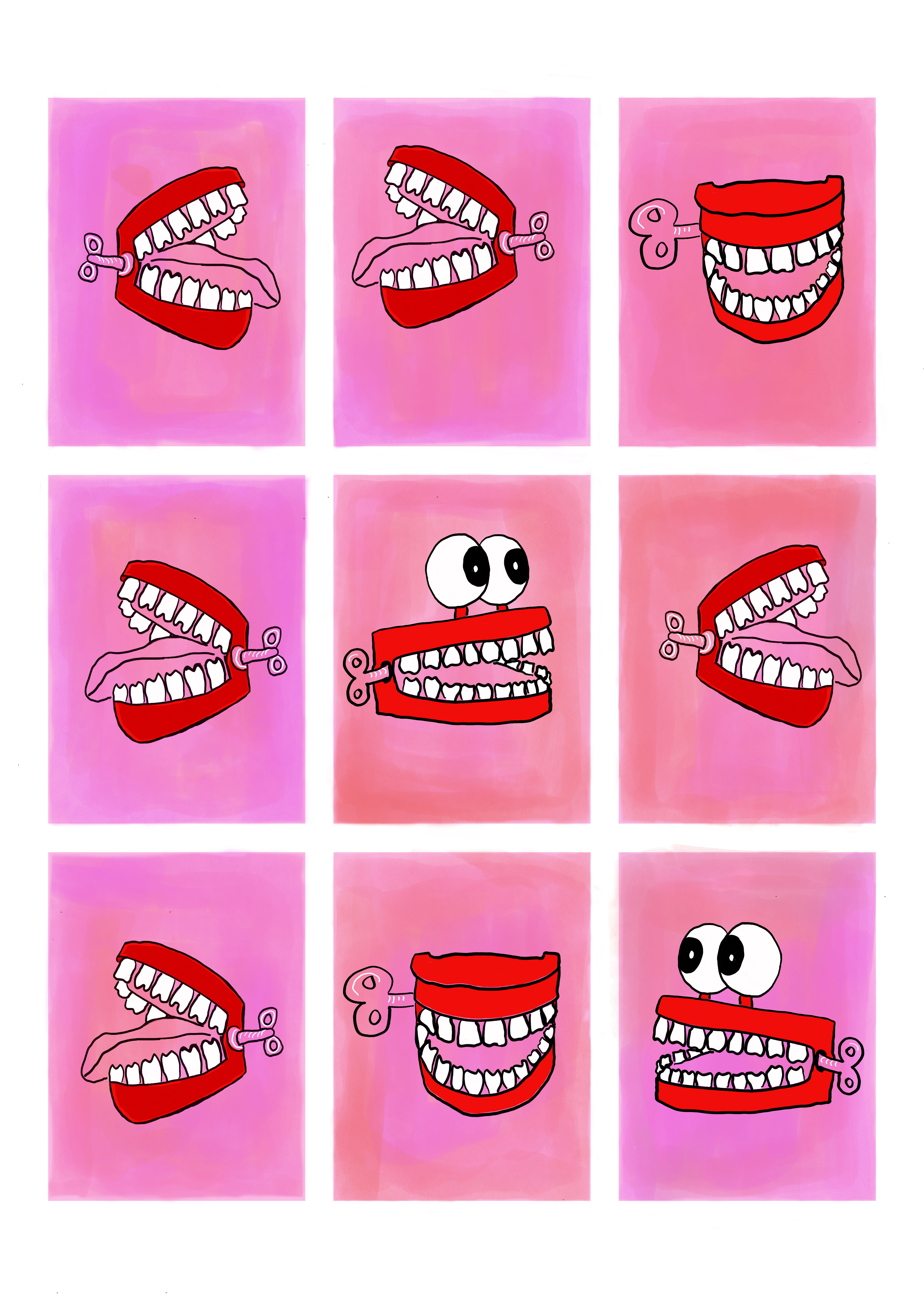 Series of nine digital prints with varied pink background, wind up mouth with teeth in each in different positions, some with eyes.