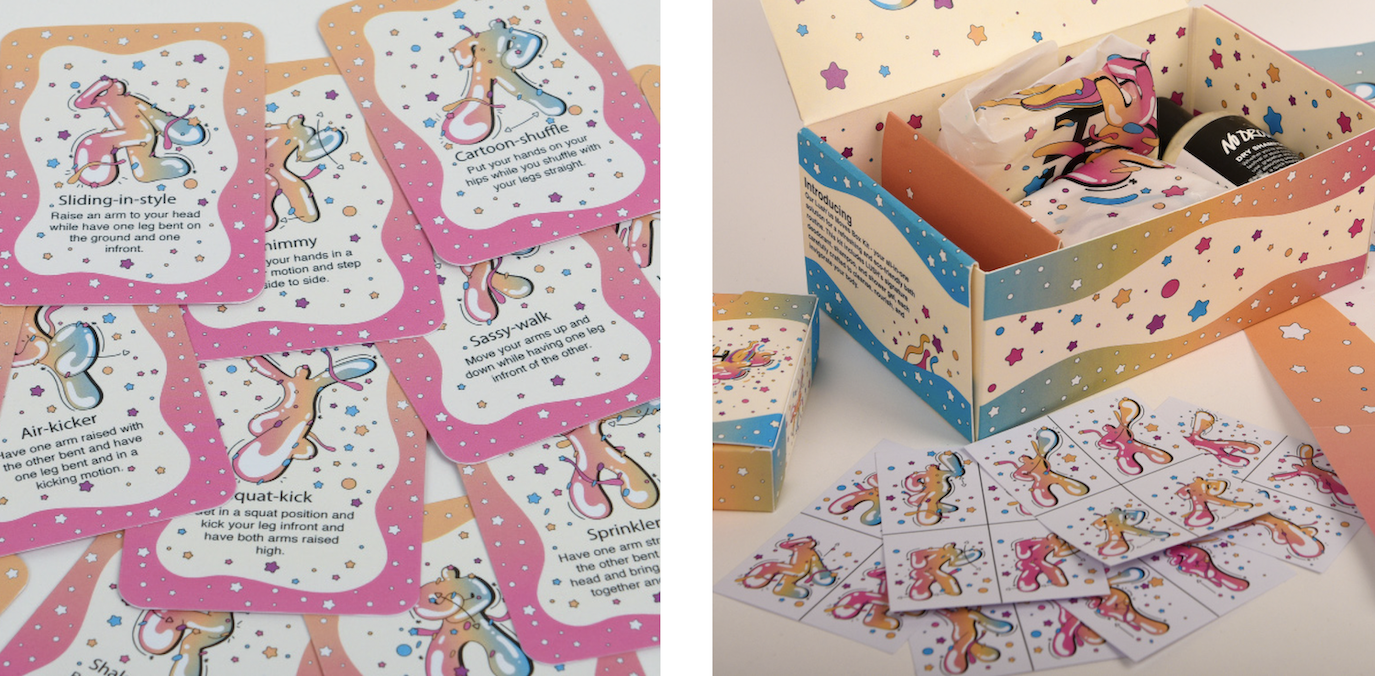 Two images showing Lush product designs. The left image is a close-up of a deck of cards showing a colourful bubble character in various poses. The right-hand image shows the product packaging with all its contents on display.