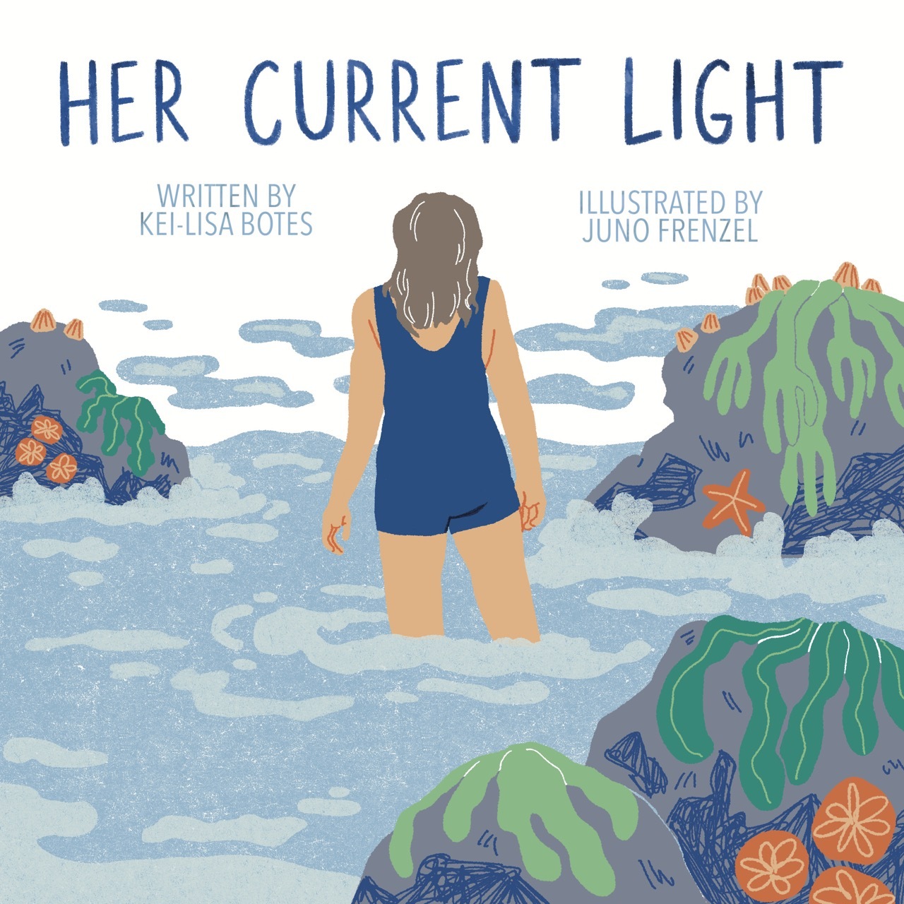 Book cover with blue title text. Girl in dark blue swimsuit stands in water surrounded by green seaweed, orange starfish, and grey rocks.