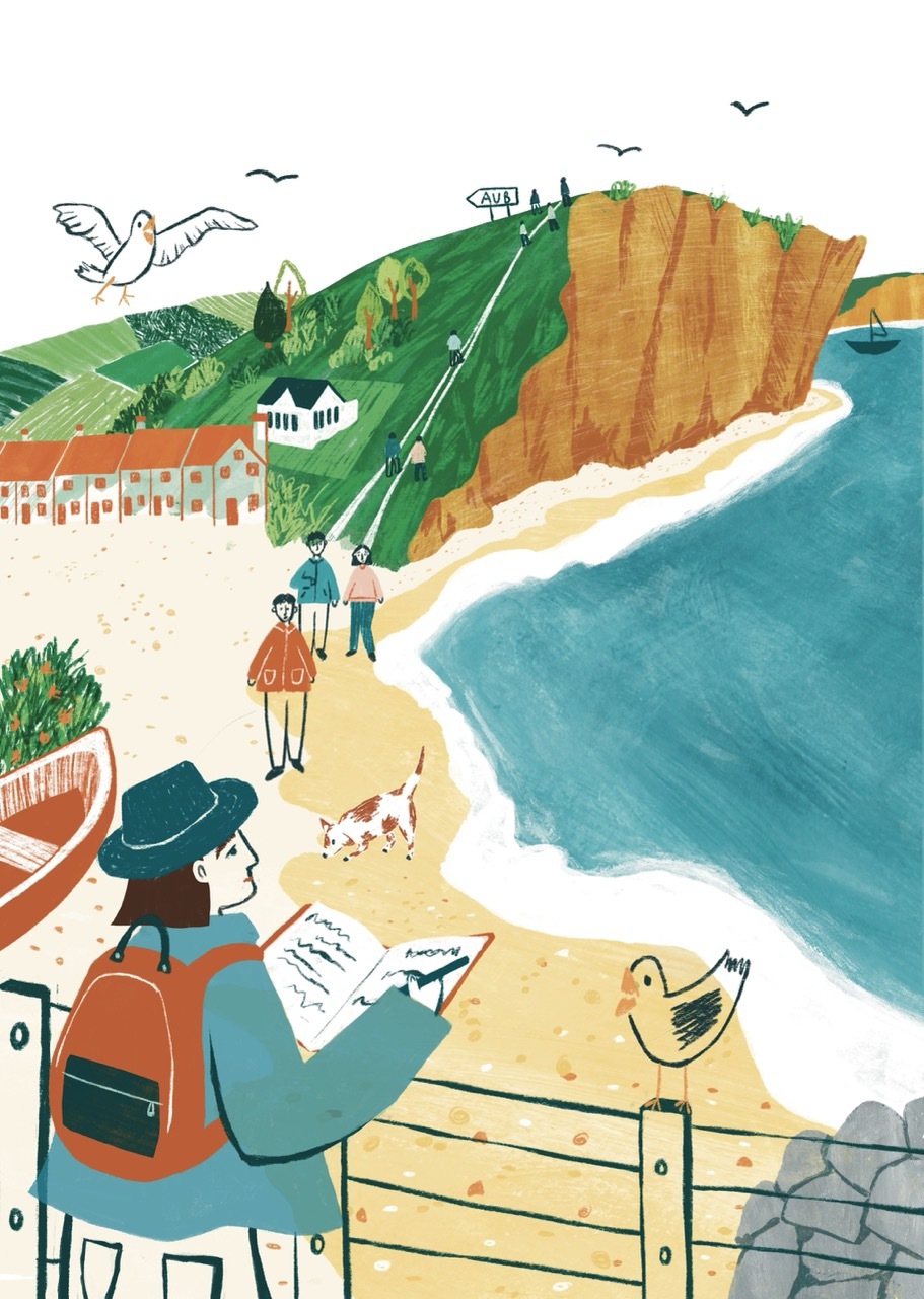 Colourful illustration of Kevan Manwaring looking out to West Bay with people walking their dogs, seagulls and buildings, teal and orange colours.