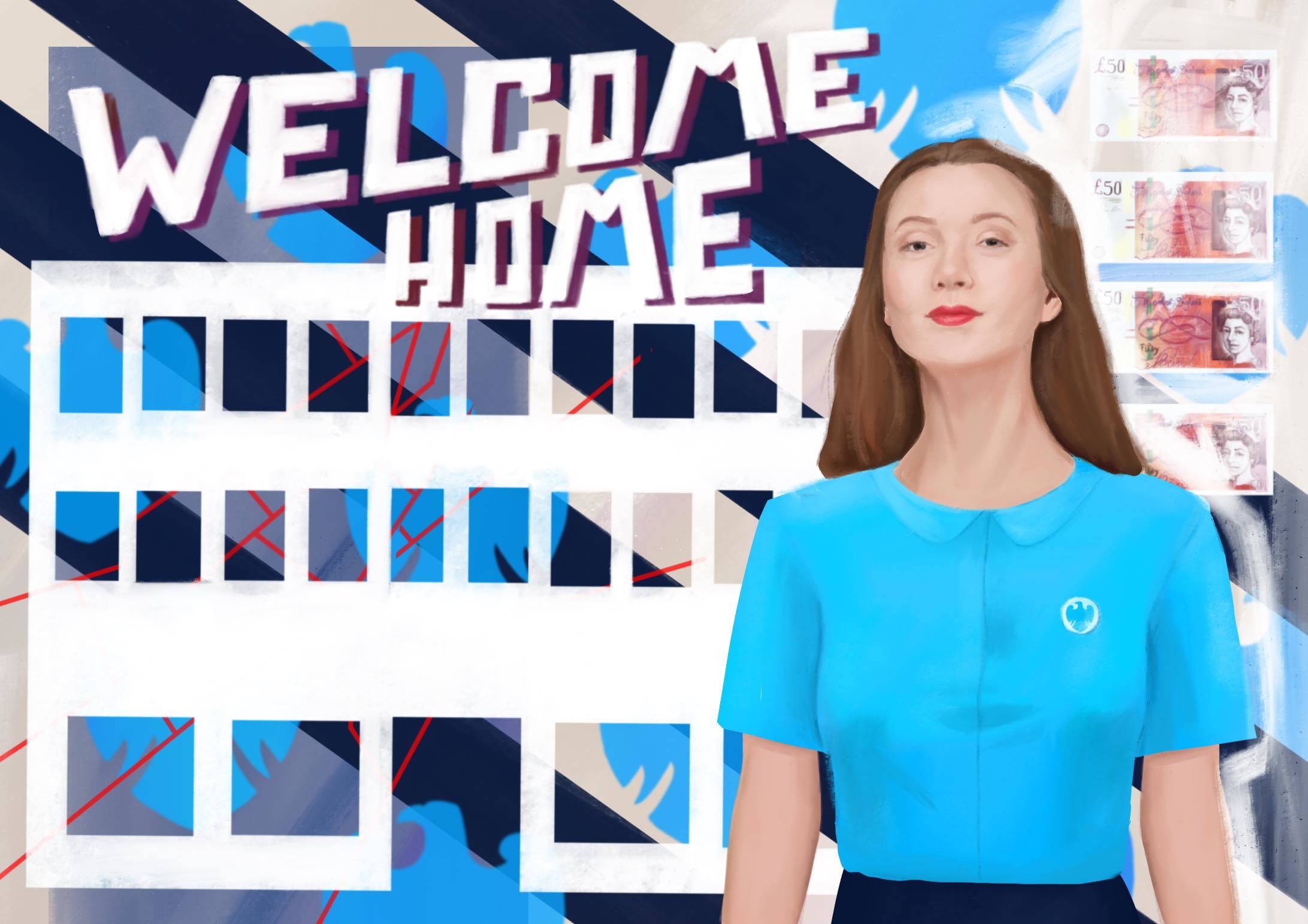 Illustration of a woman in front of an illustrated background with text that reads 'welcome home'.