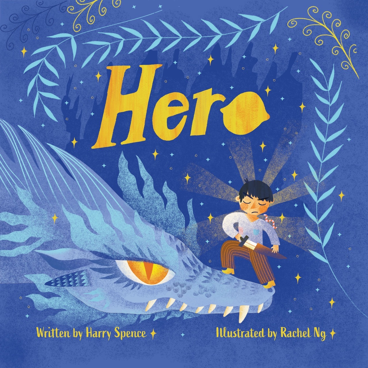 Blue book cover with yellow "Hero" text, small boy character riding large blue dragon, surrounded by green leafy border and yellow stars.