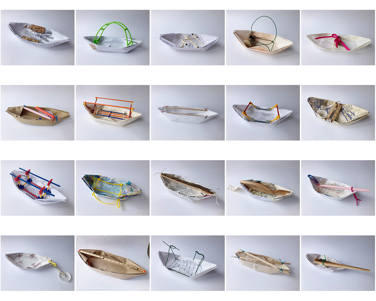 20 small images of paper boats laid out in a grid format. The boats are made from various found papers and materials such as plastics, wood, cork, metal, ribbon and wax.