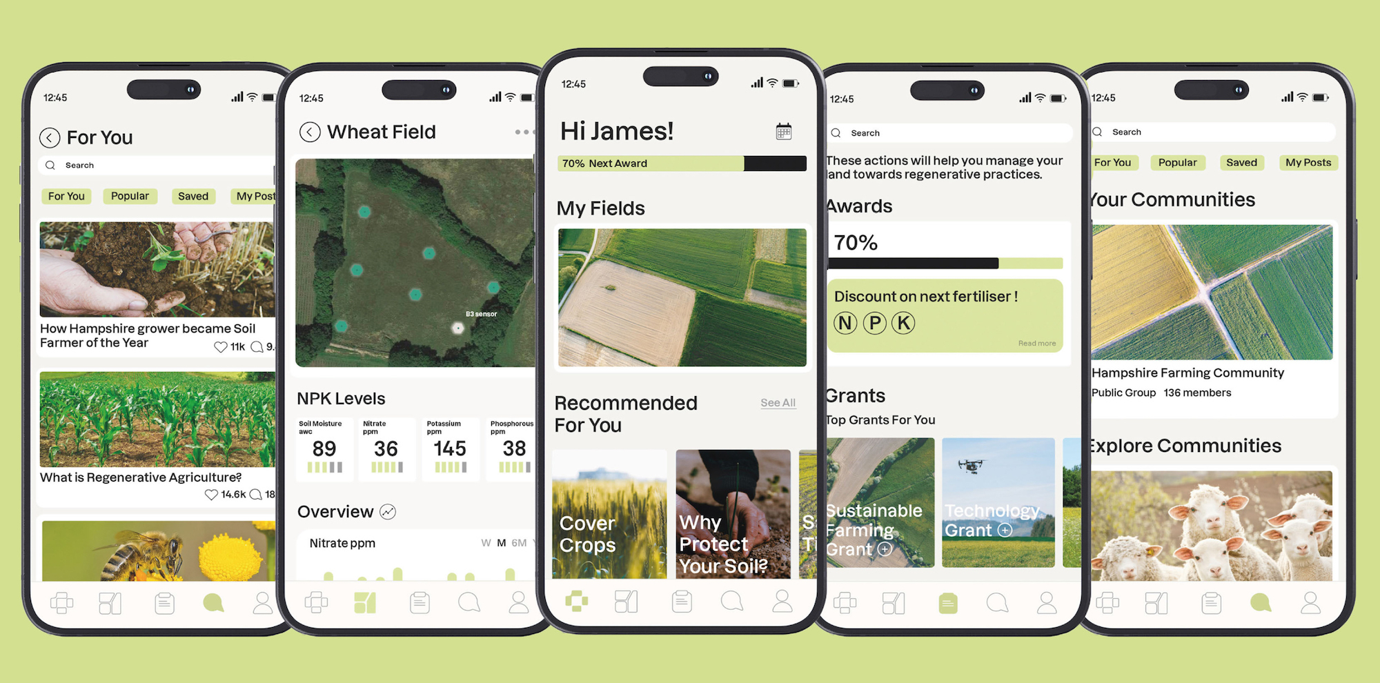 Five smartphone mock-ups showing various screens of the Terra Hex app.