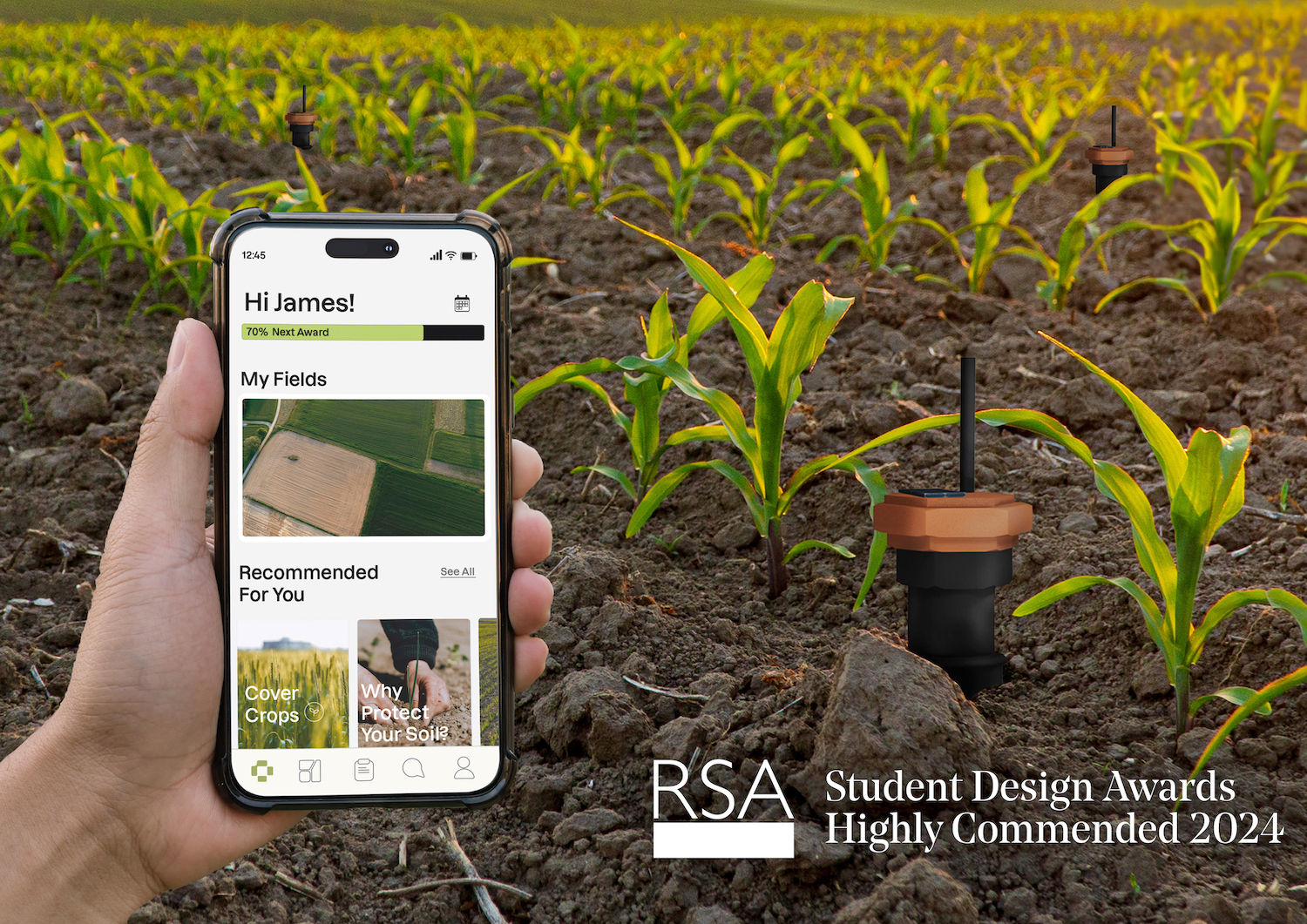 A person holds a smartphone with the Terra Hex app open on the screen. Crops in a field are visible in the background. Text reading "RSA Student Design Awards Highly Commended 2024" appears in the bottom right corner.