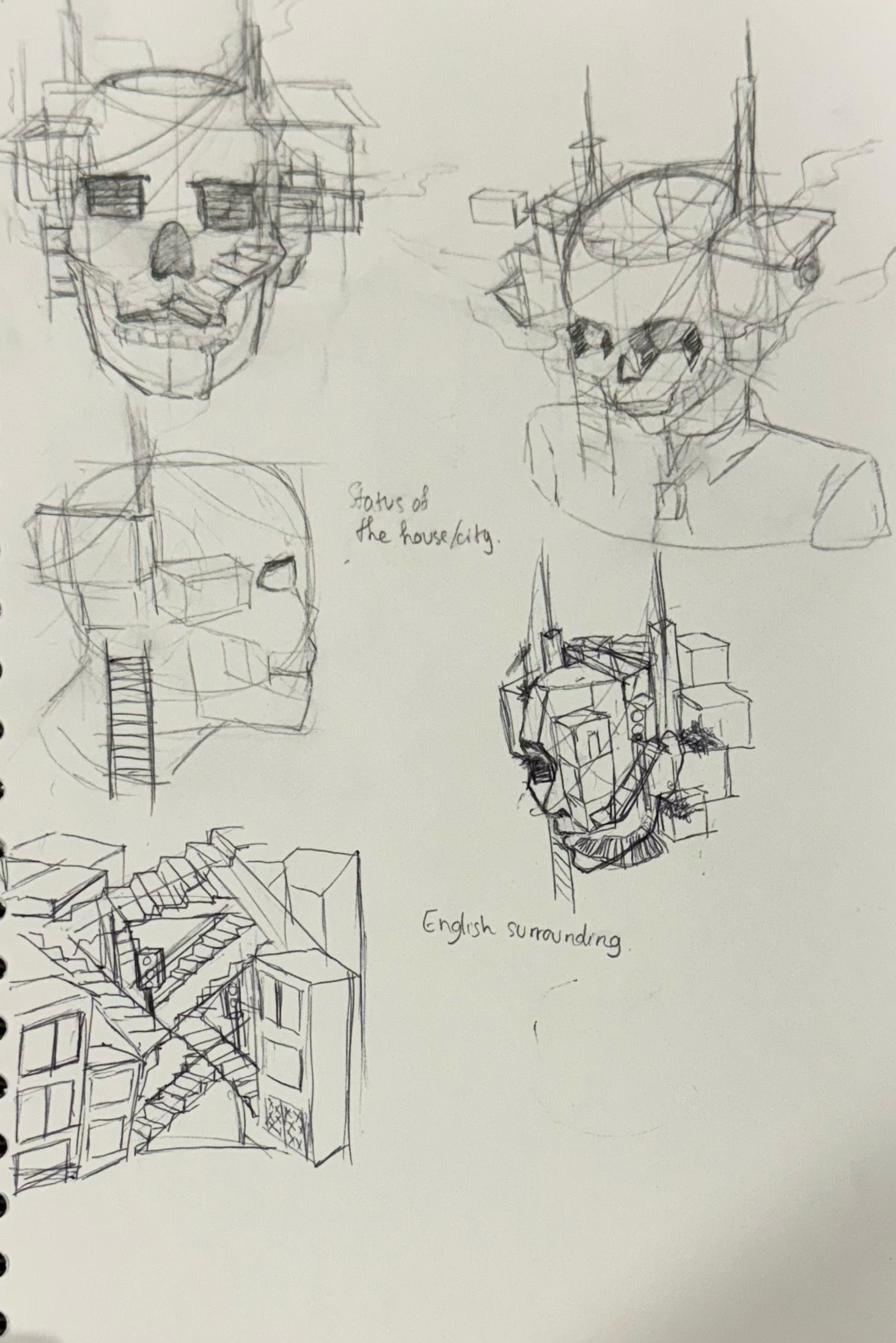 Pencil sketches on white paper showing geometric architectural studies with rectangular forms, stairs, and angular structures in various compositions.