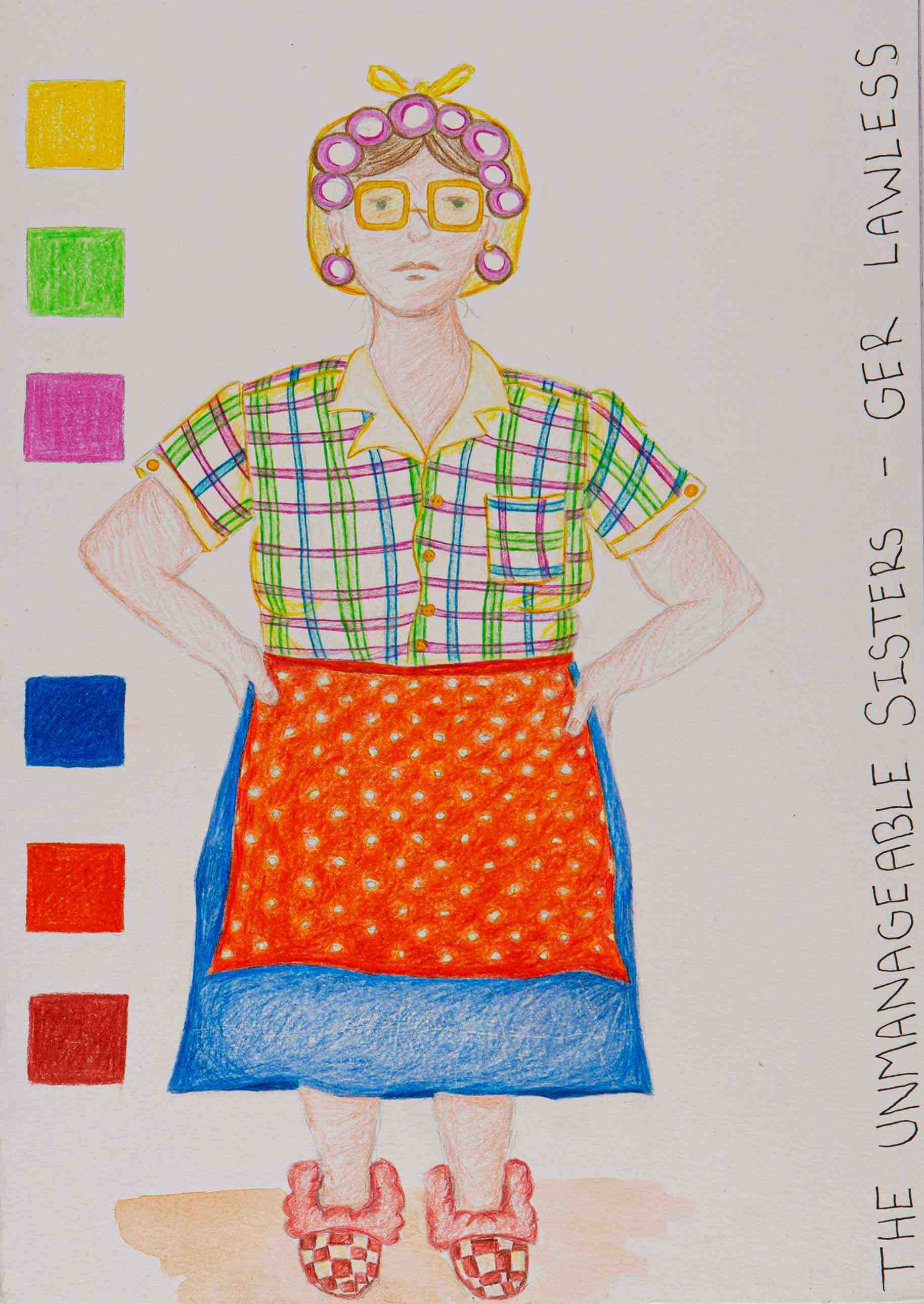 Hand-drawn sketch of a woman in a housewife's costume and hair curlers. The text "The Unmanageable Sisters" appears vertically along the right-hand side.