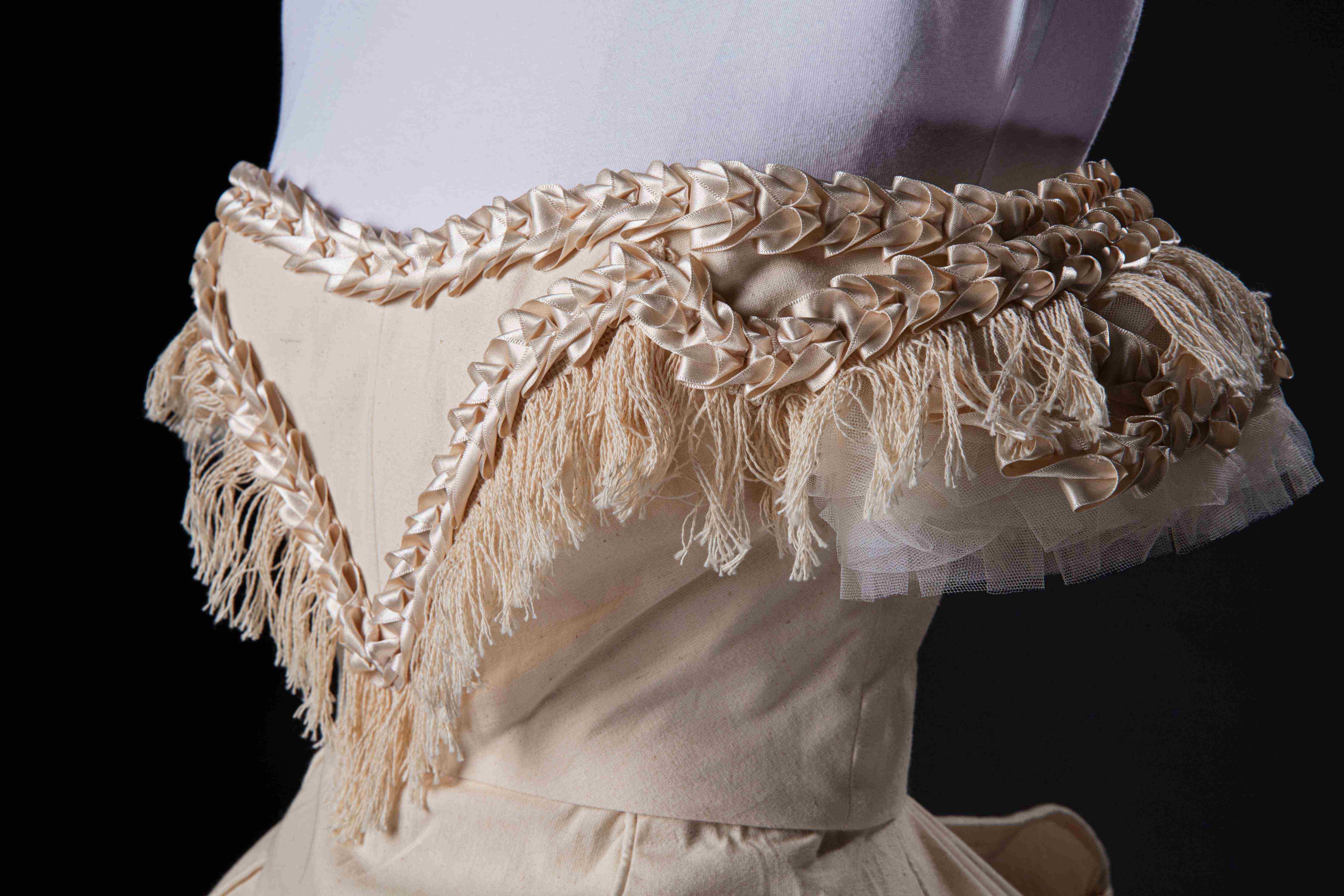 Close-up of a historical garment on a mannequin.