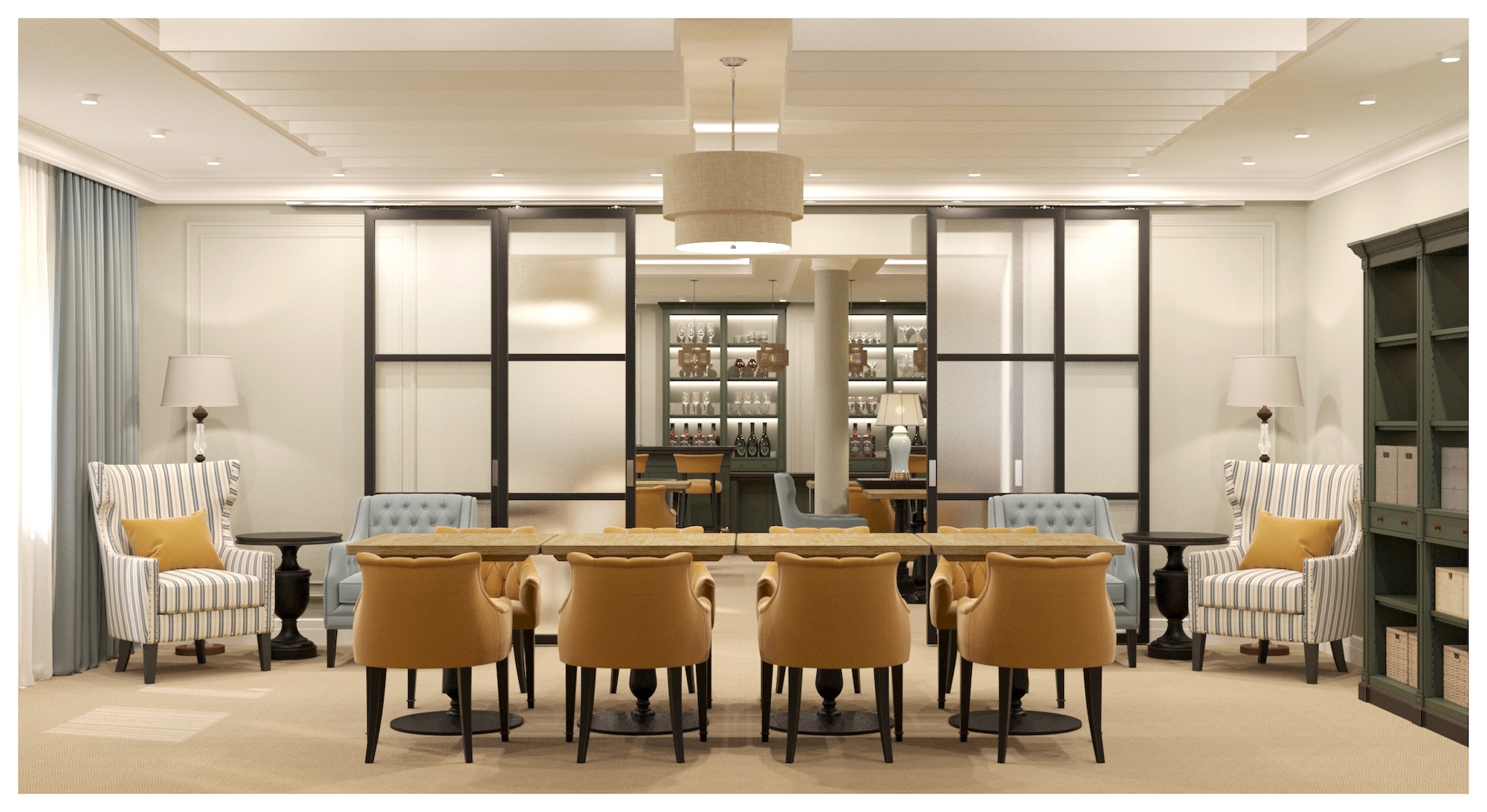 A modern lounge area with a long wooden table and tan chairs, flanked by striped armchairs and shelving units in the background.