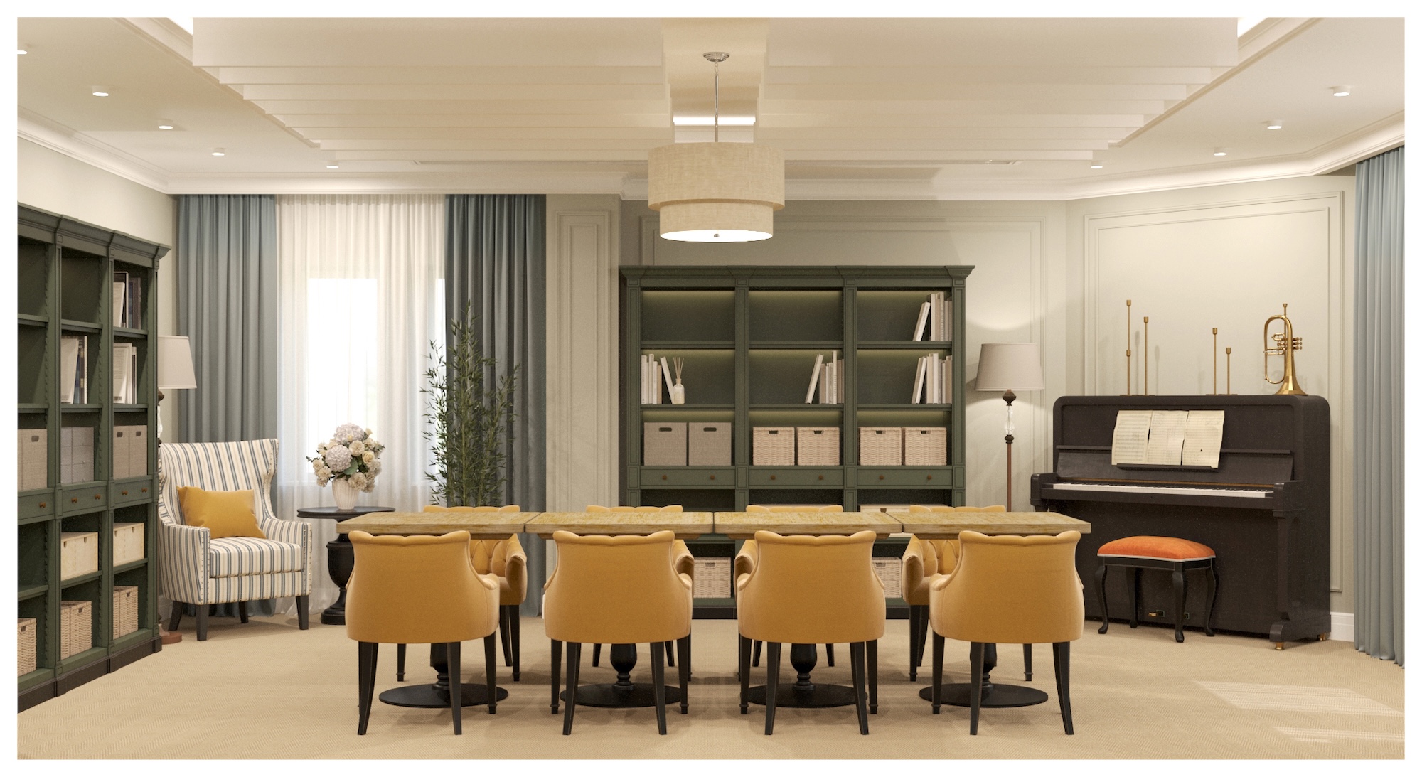 A modern living room with four mustard-yellow dining chairs around a rectangular wooden table, set before dark green shelving, a piano and large curtained windows.