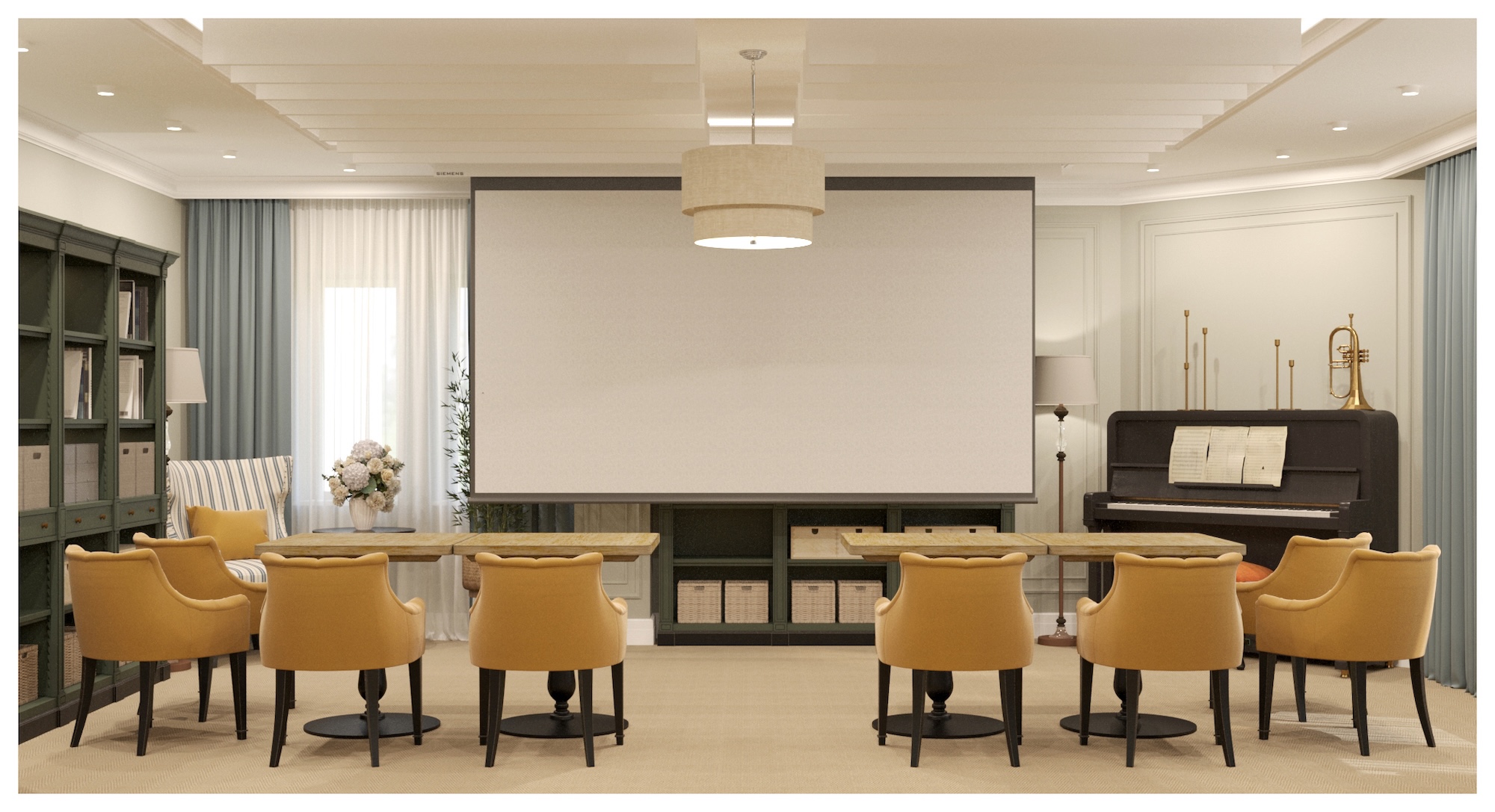 A modern meeting room with a large projection screen, wooden tables and tan chairs, with a black upright piano against the back wall.
