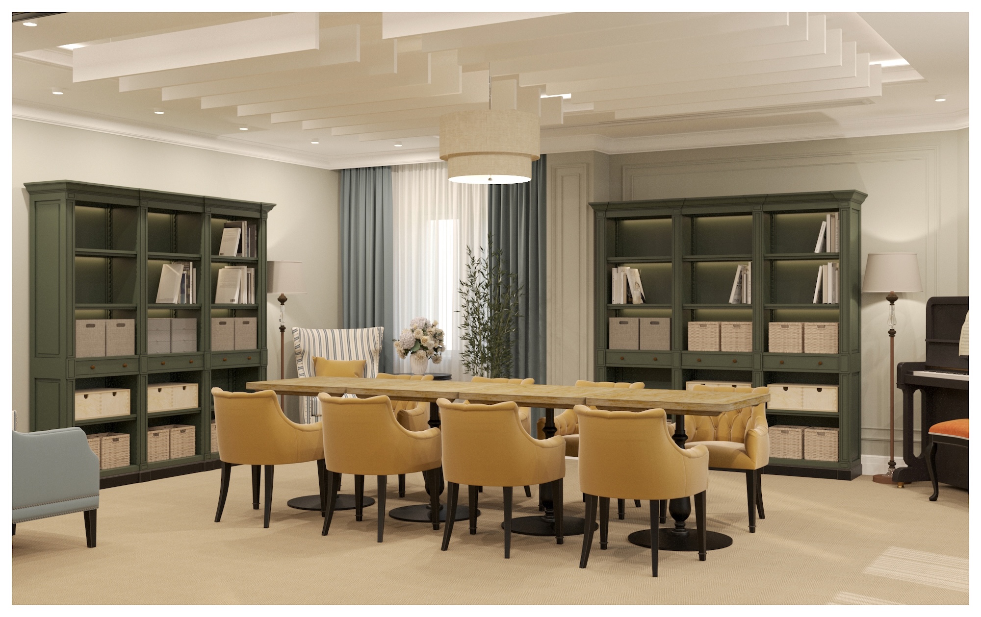 A modern meeting room with a long wooden table and mustard yellow chairs, flanked by dark green bookcases and lit by a pendant lamp near tall windows.