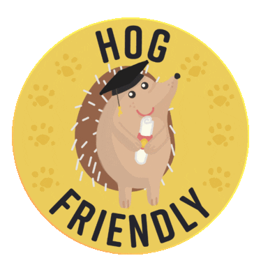 Hog friendly icon – an illustrated hedgehog holding a rolled up certificate and wearing a mortarboard cap with the words 'Hog friendly' around it