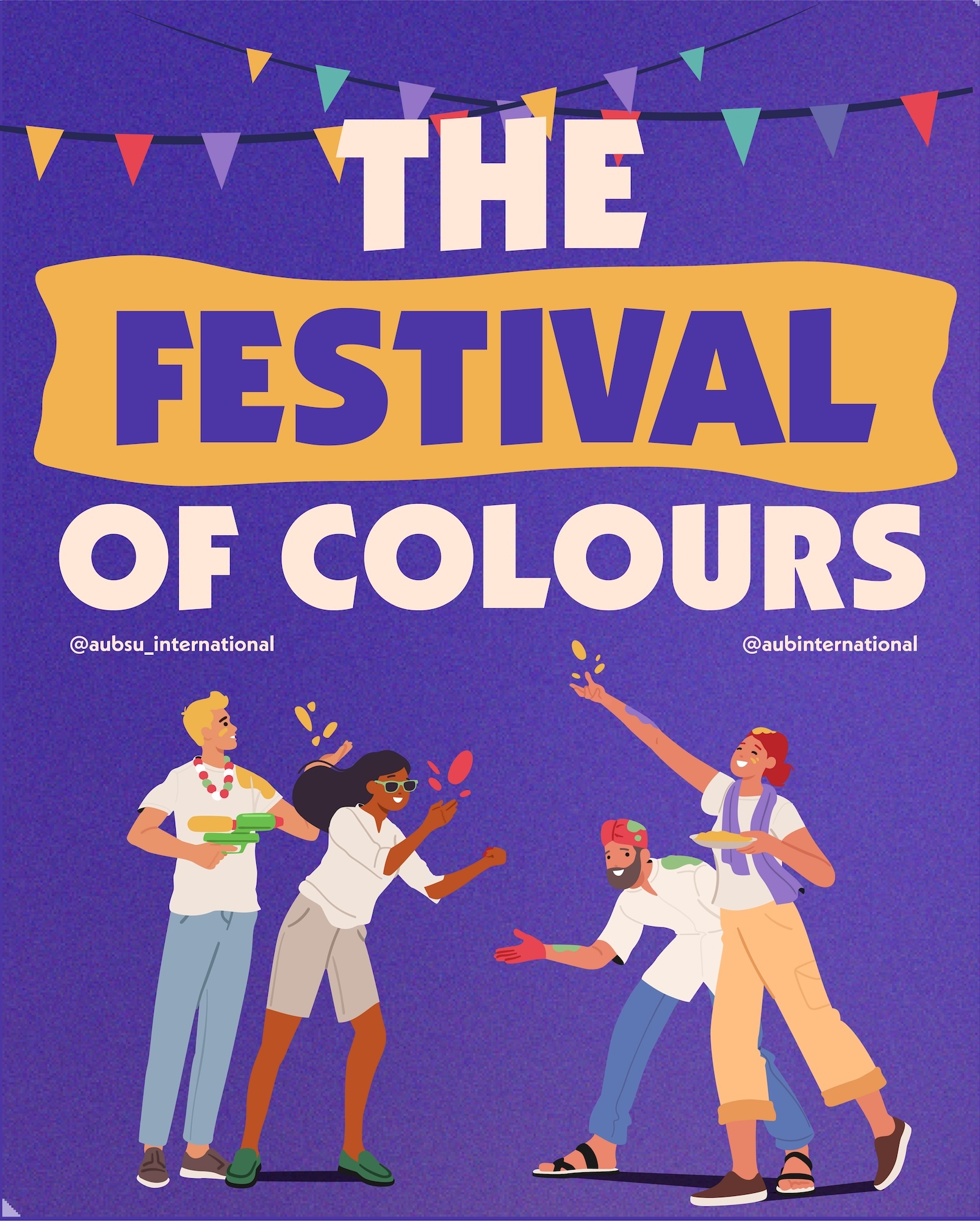 Purple poster with bunting along the top and text reading "the festival of colours". Illustration of four people throwing coloured paint appears along the bottom.