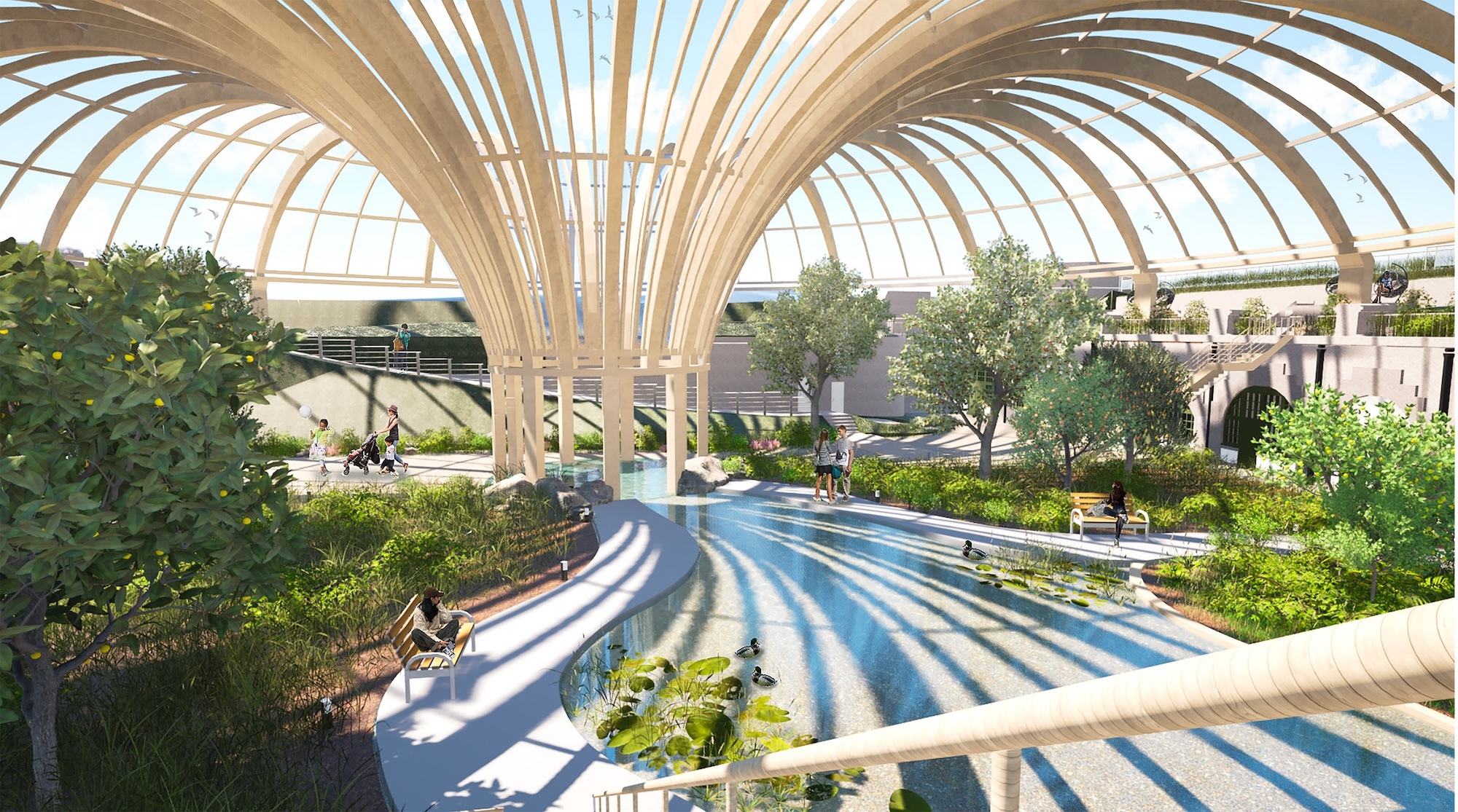Modern glass-roofed structure with curved timber beams radiating from central pillar, creating canopy over landscaped courtyard with trees.