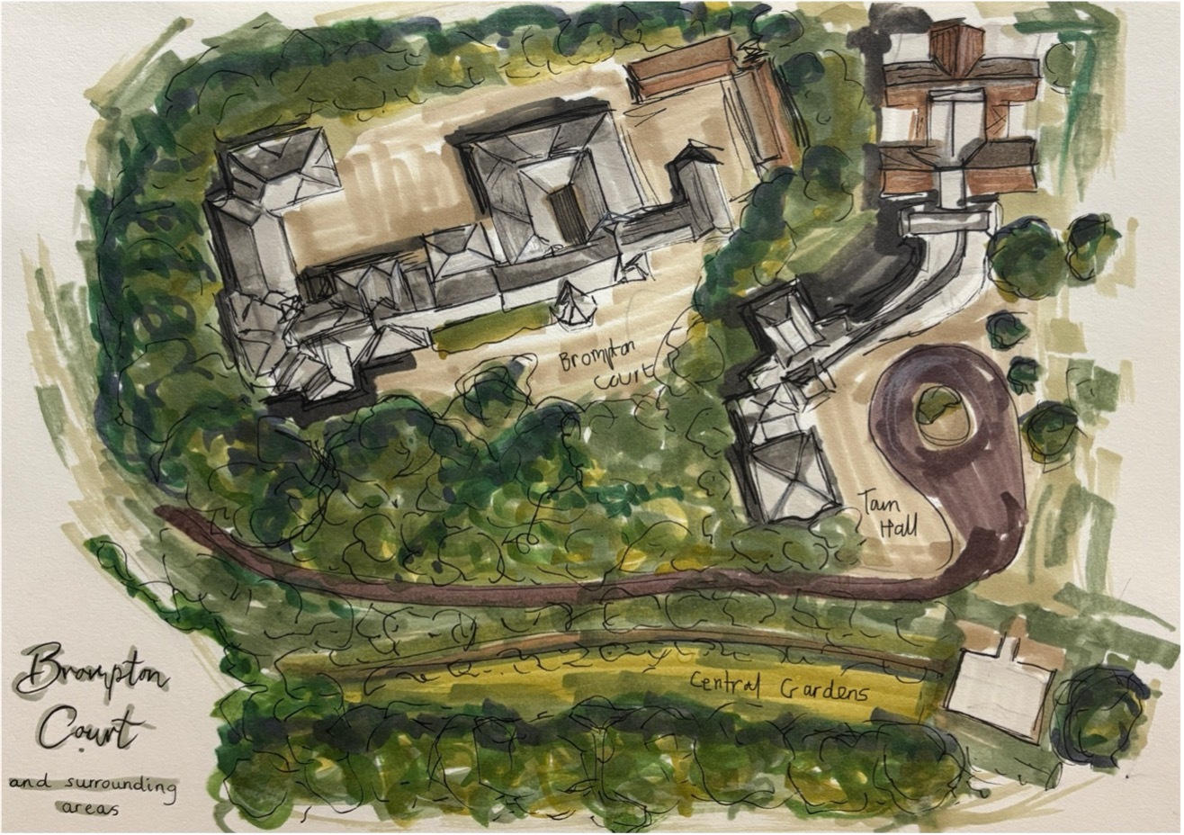 Architectural site plan illustration with grey geometric buildings, green landscaping, brown pathways, and curved driveway layout