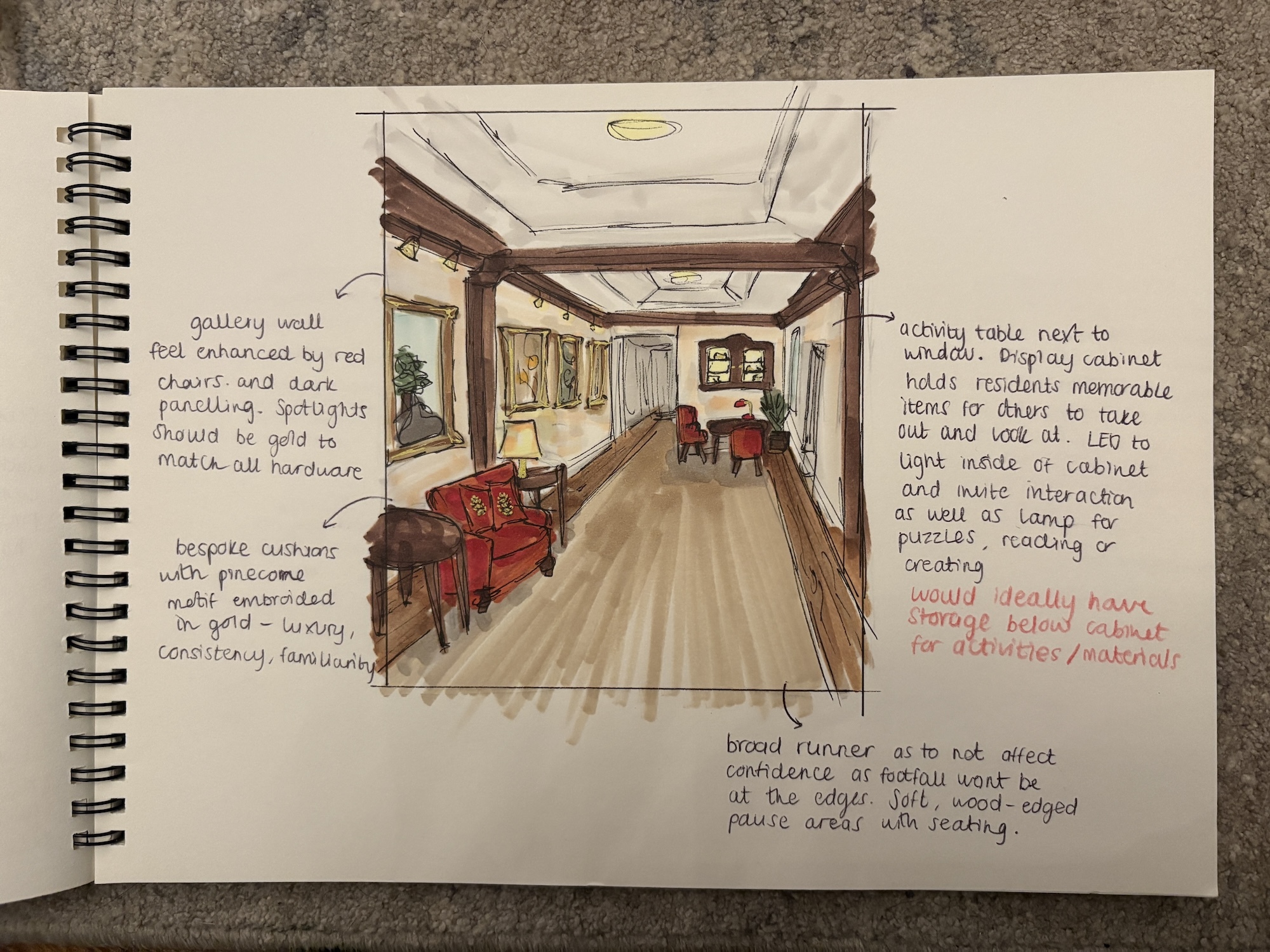 Spiral-bound sketchbook with architectural drawing of interior hallway featuring red furniture, brown ceiling beams, and handwritten notes
