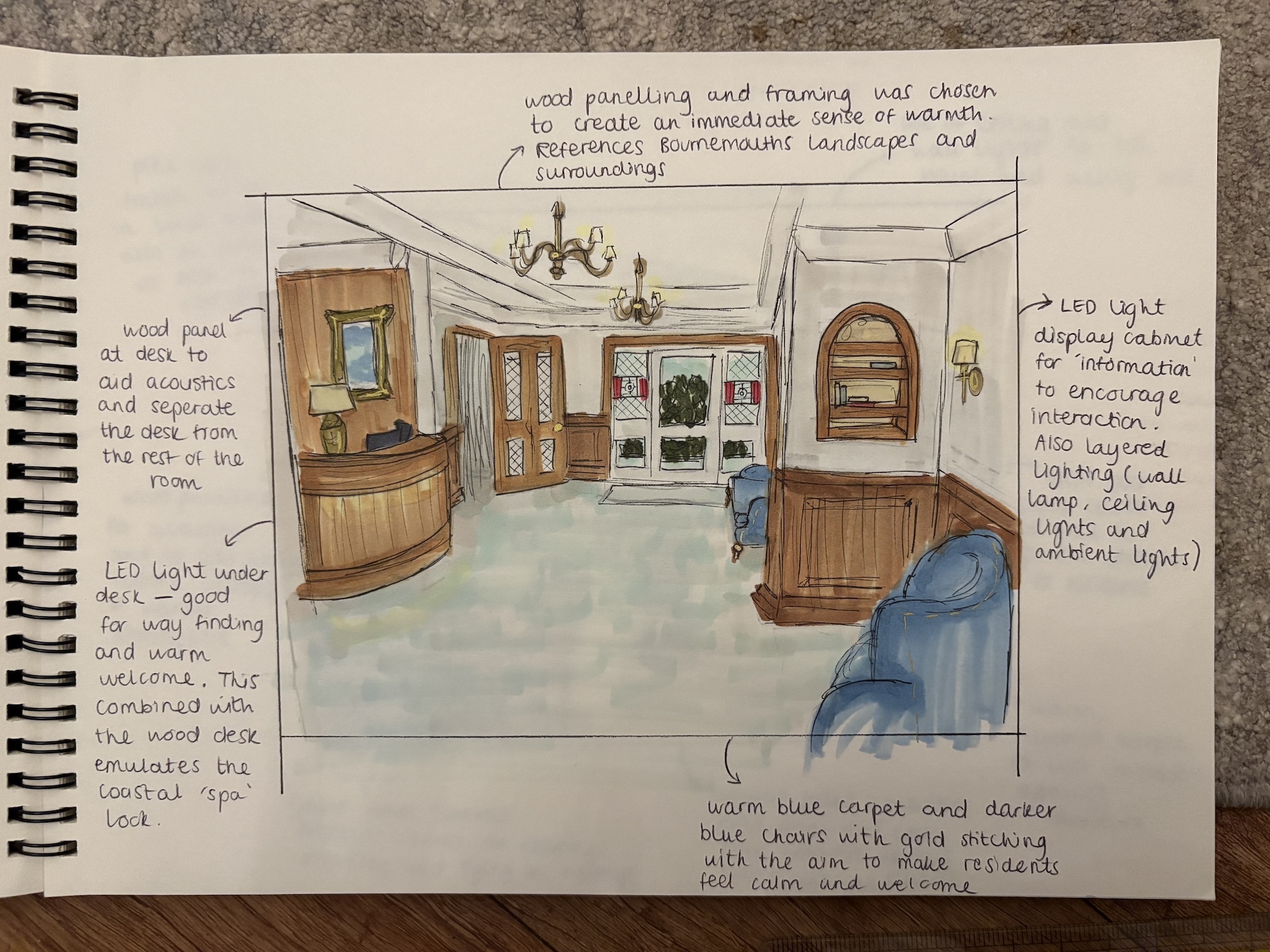 Hand-drawn interior design sketch on spiral notebook showing room layout with brown wooden furniture, blue seating, white walls, and handwritten notes around margins