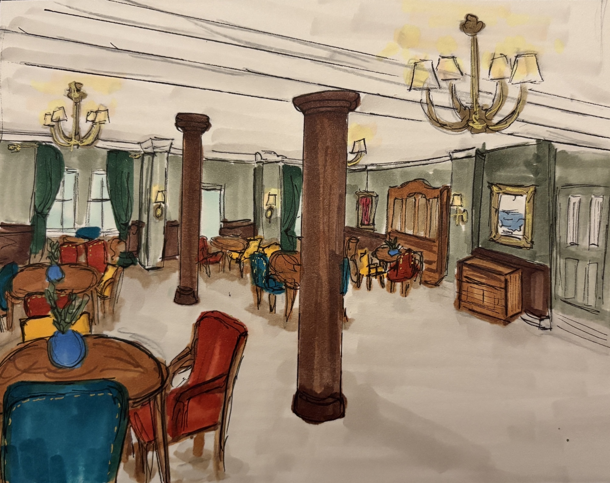 Interior illustration with brown wooden columns, green curtains, crystal chandeliers, red and blue furniture, yellow walls, and grey floor