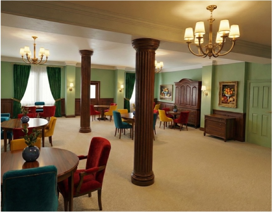 Hotel lobby with green walls, dark wood columns, brass chandeliers, colourful armchairs around small tables, and cream carpet