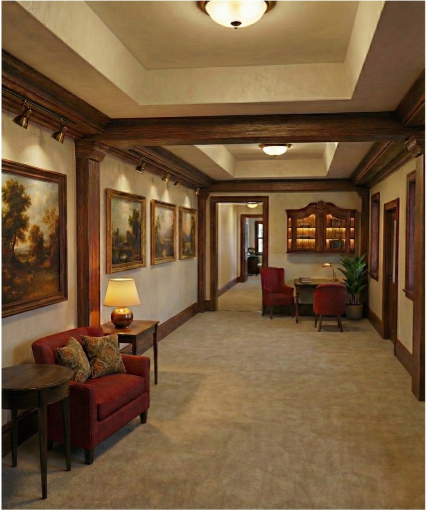 Hotel corridor with dark wood beams, cream walls, framed paintings, red upholstered chairs, table lamp, and tiled flooring