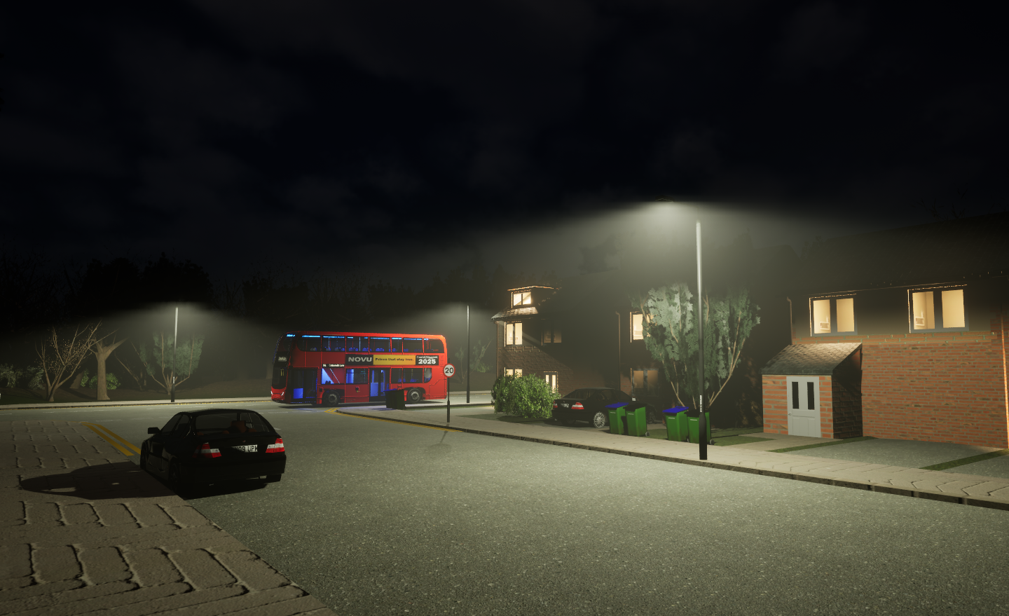 Night scene with street lamp illuminating residential road, dark car, red double-decker bus, and brick houses with lit windows.