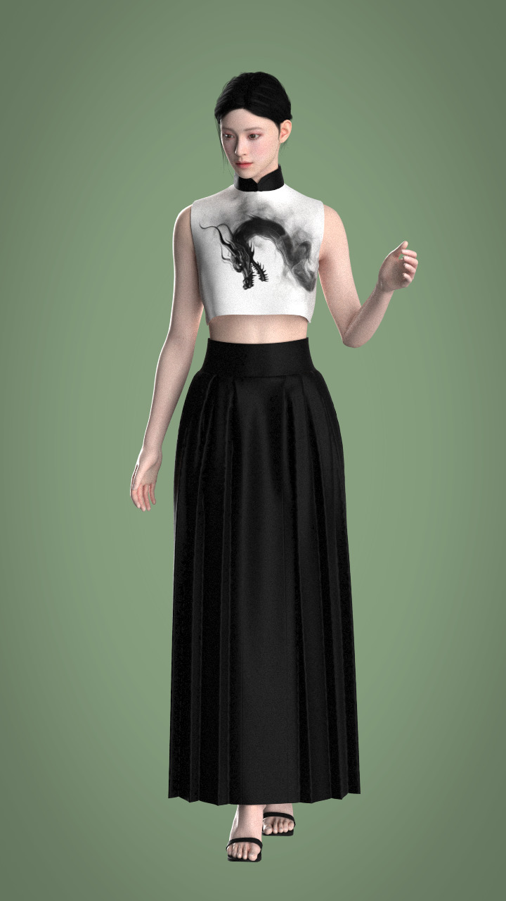Digital model wearing a white crop top with a dragon emblem across the front and a long black skirt.