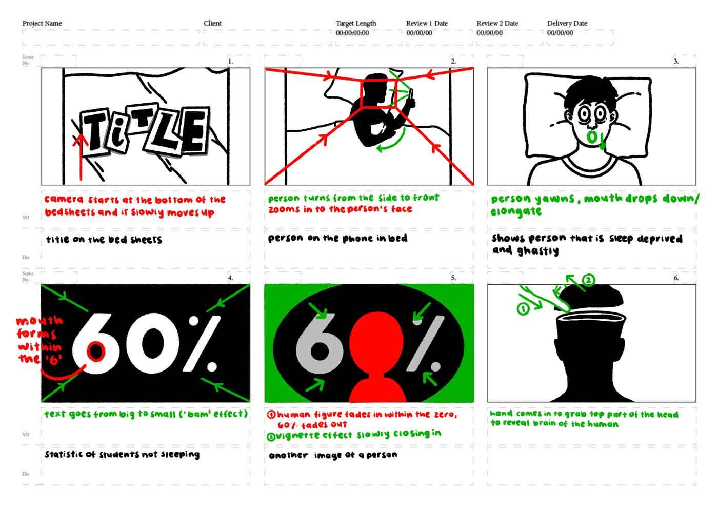 A storyboard of six panels showing frames of the animation "How to ZZZ" with annotations and lines of text under each panel.