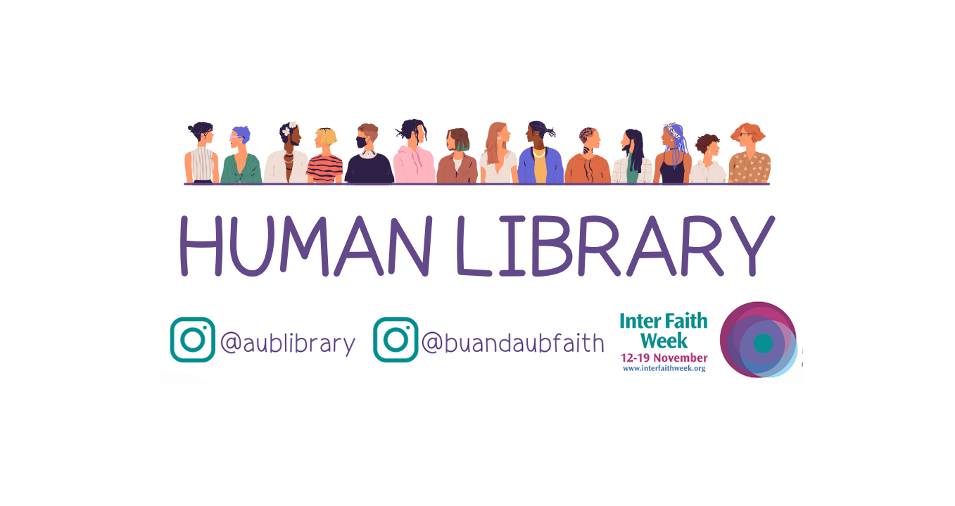 An illustration depicting a diverse range of people above text the reads 'Human Library', as well as social links and the 'Inter Faith Week' logo.