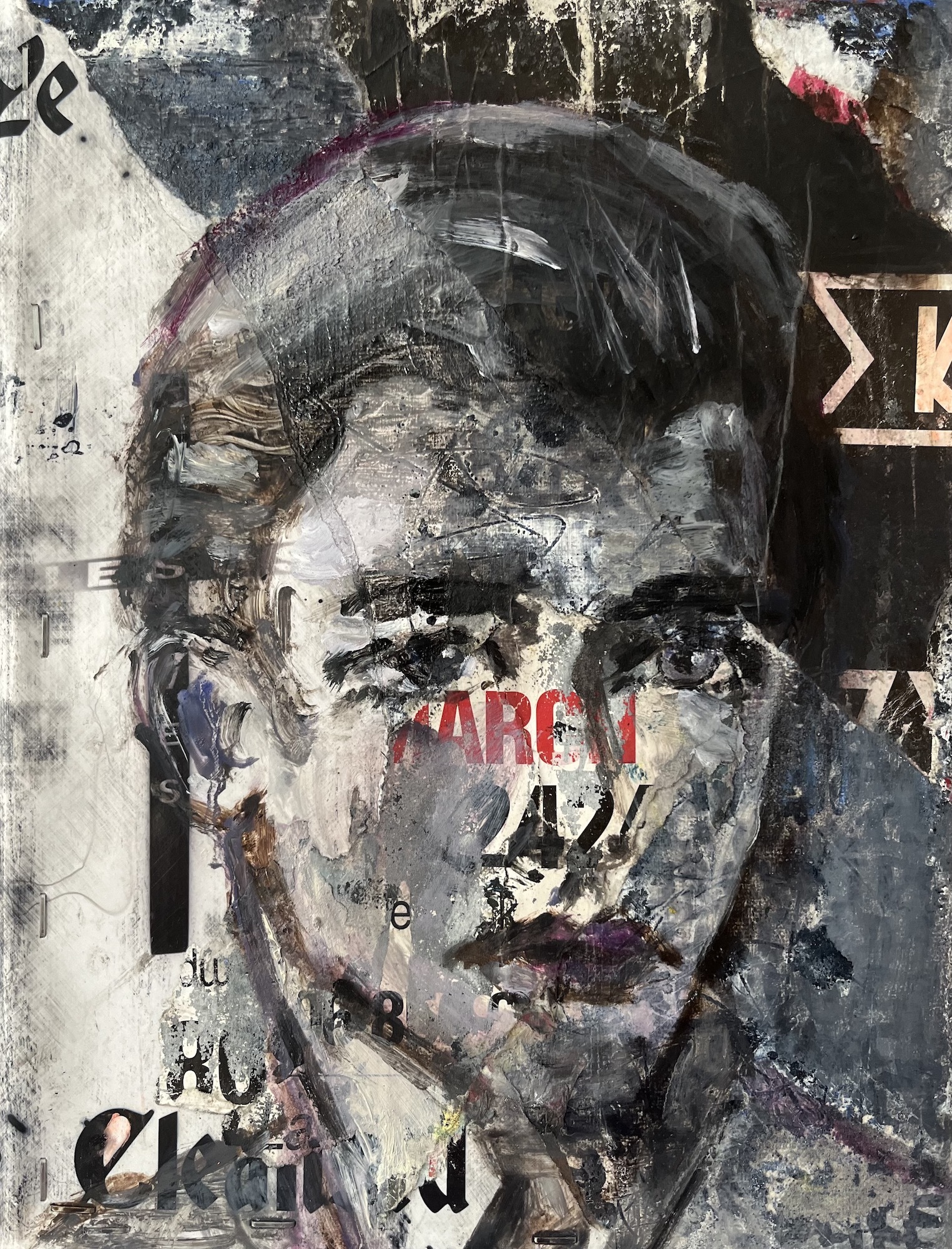 Oil and ink mixed media painting of a person's face, primarily in black and grey, with text in various font styles imposed over it.