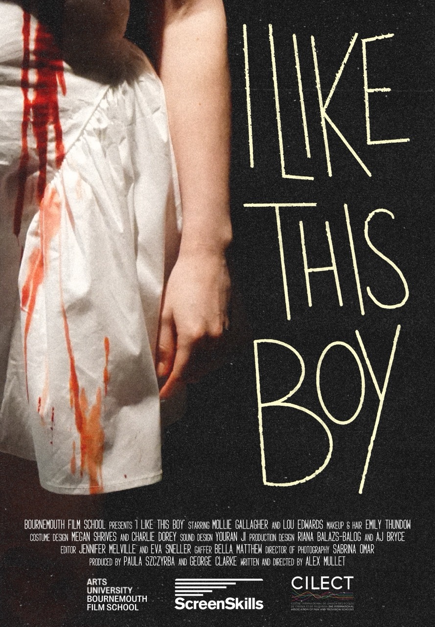 Film poster showing person in bloodstained white dress against dark background, white text reads "I LIKE THIS BOY", credits below.