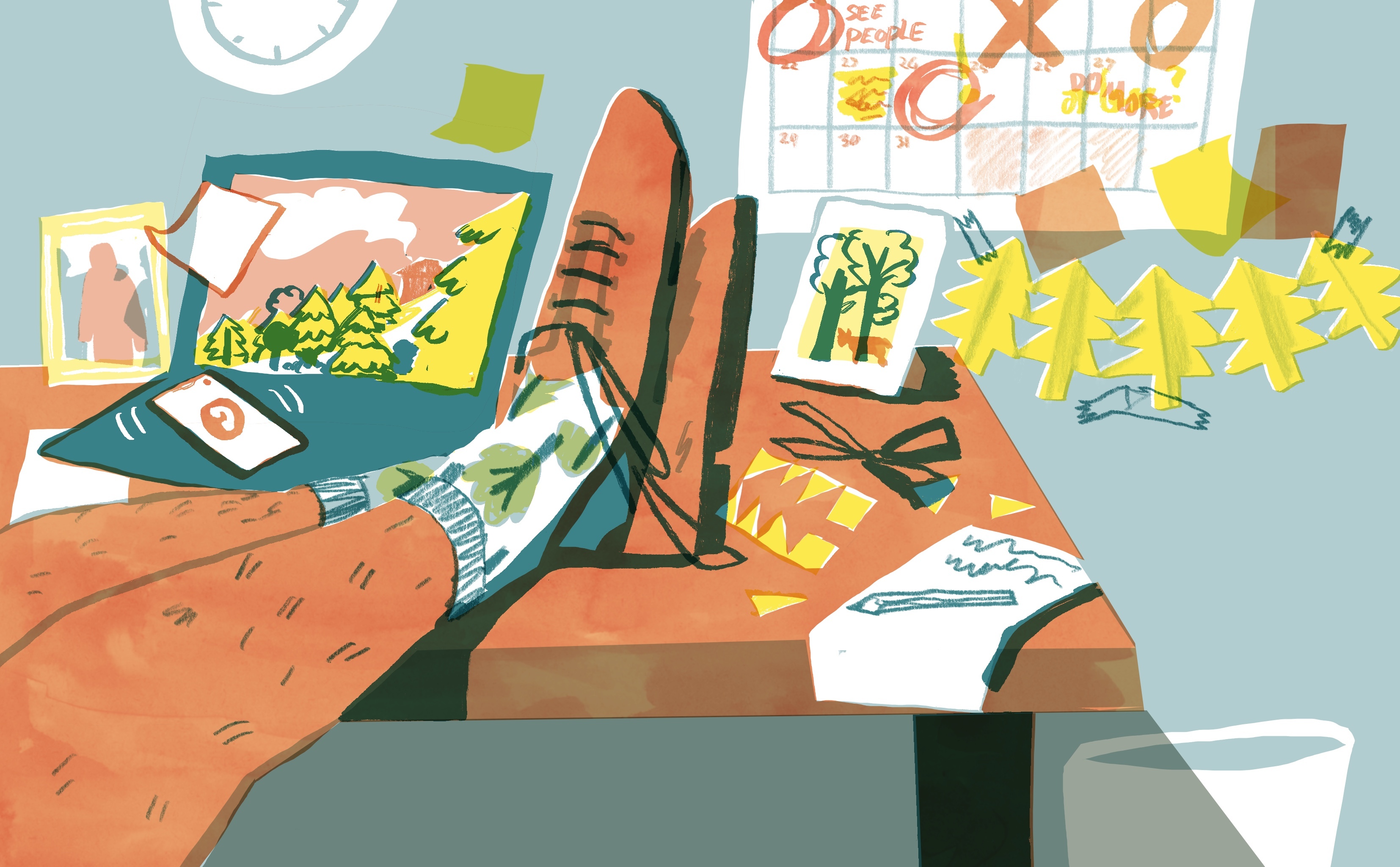 Illustration of cluttered desk with orange surface, teal computer monitor, orange rocket model, yellow sticky notes, white calendar, and scattered papers against pale blue background.